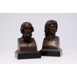 French school: Two busts after the antique, a.o. Homer, patinated bronze on a black marble base, fou
