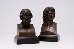 French school: Two busts after the antique, a.o. Homer, patinated bronze on a black marble base, fou