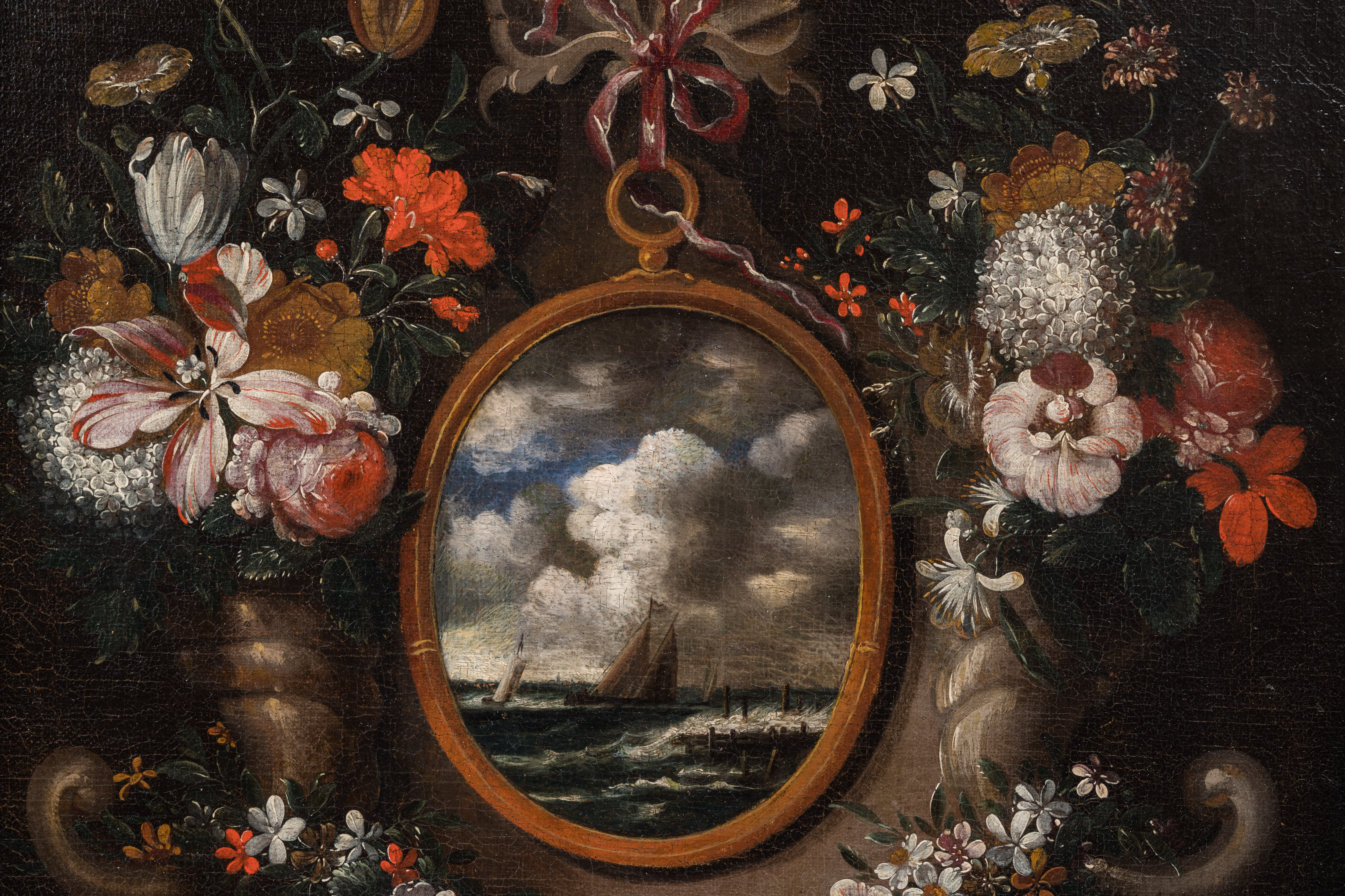 German school: Medallion with a marine surrounded by a garland of flowers, oil on canvas, ca. 1700 - Image 5 of 5