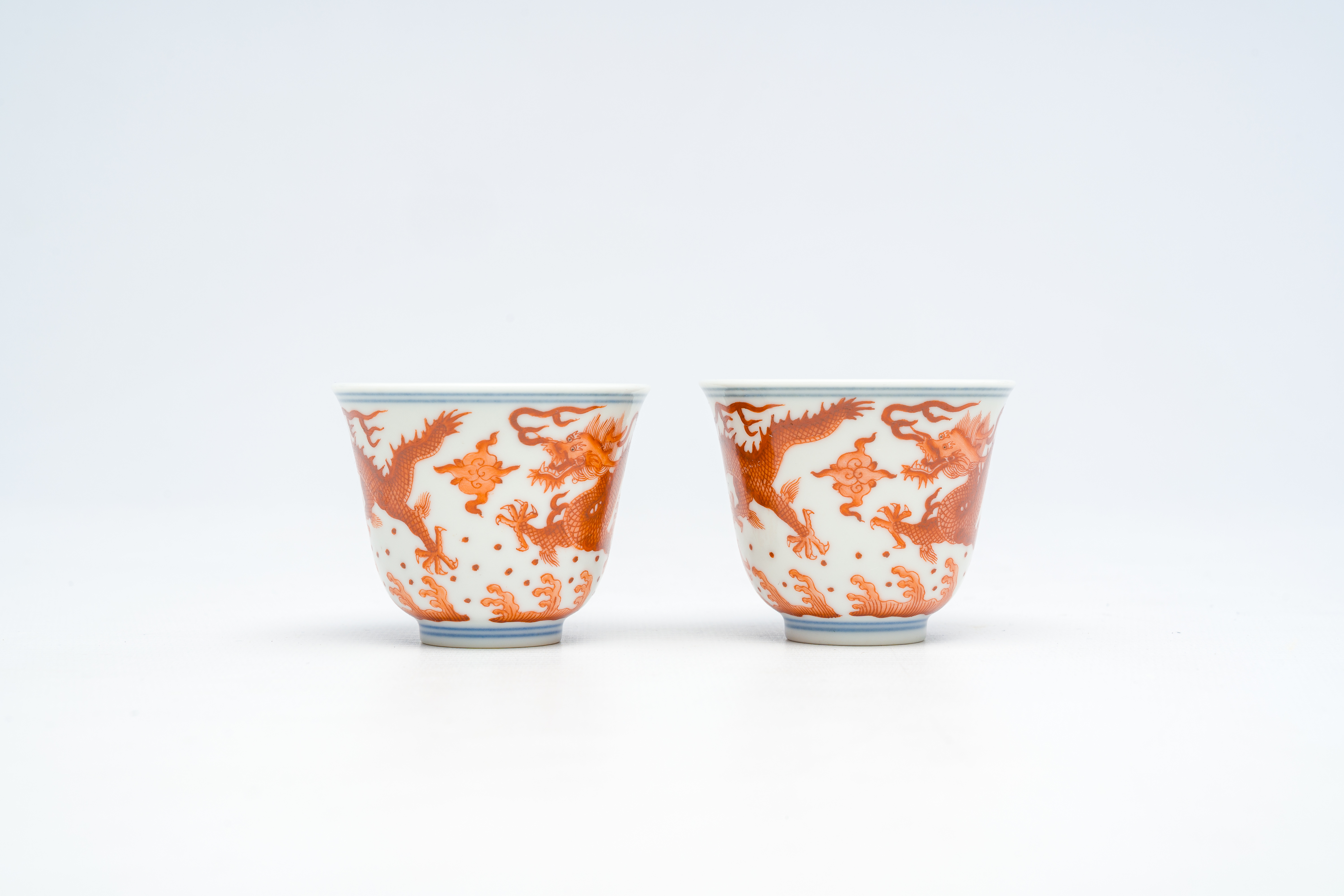 A pair of Chinese blue, white and iron-red 'dragons chasing the pearl' cups, Guangxu mark, 19th/20th - Image 7 of 14