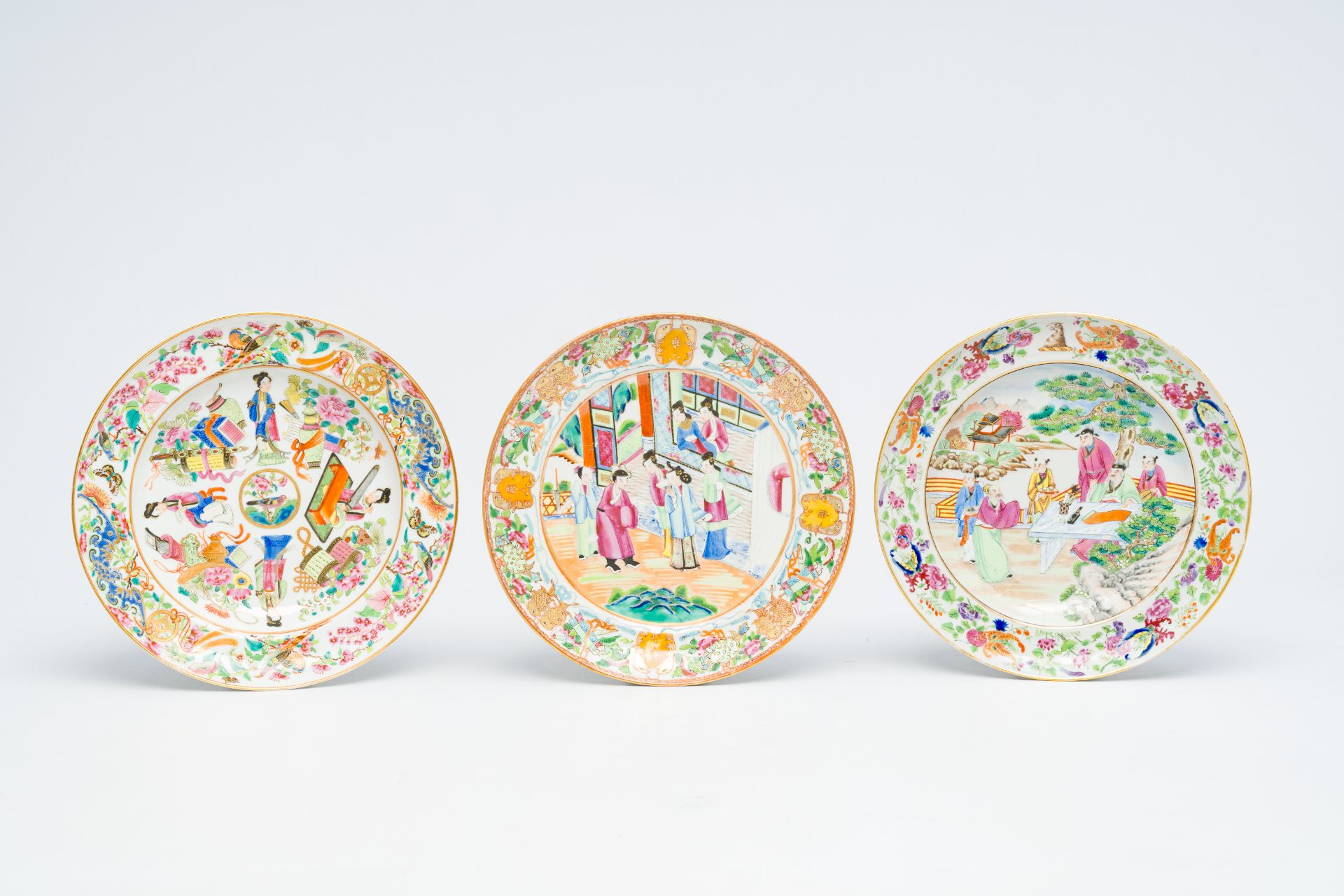 Five Chinese Canton famille rose plates with palace scenes and figurative design, 19th C. - Image 2 of 5