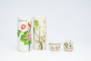 Two Chinese qianjiang cai hat stands, a famille rose box and cover and a cricket box with ladies on