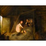 Ferdinand I De Braekeleer (1792-1883): Boy sleeping in the hay in a stable being teased by four girl