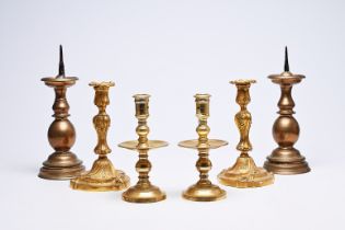 Three pairs of bronze and brass candlesticks, 16th/19th C.