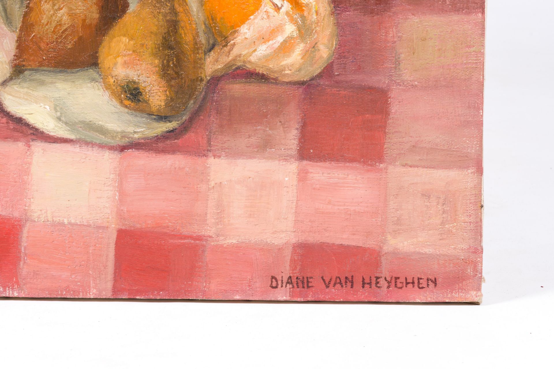 Diane Van Heyghen (20th C.): Still life with fruits and tableware, oil on canvas - Bild 4 aus 5