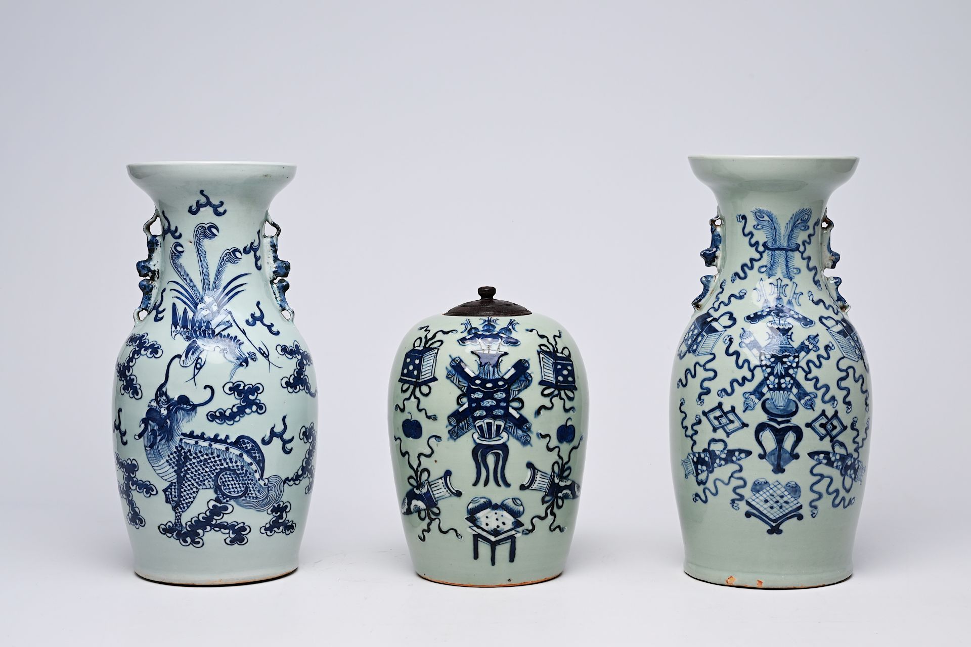 Two Chinese blue and white celadon ground vases and a ginger jar with antiquities, a dragon and a ph - Bild 2 aus 16