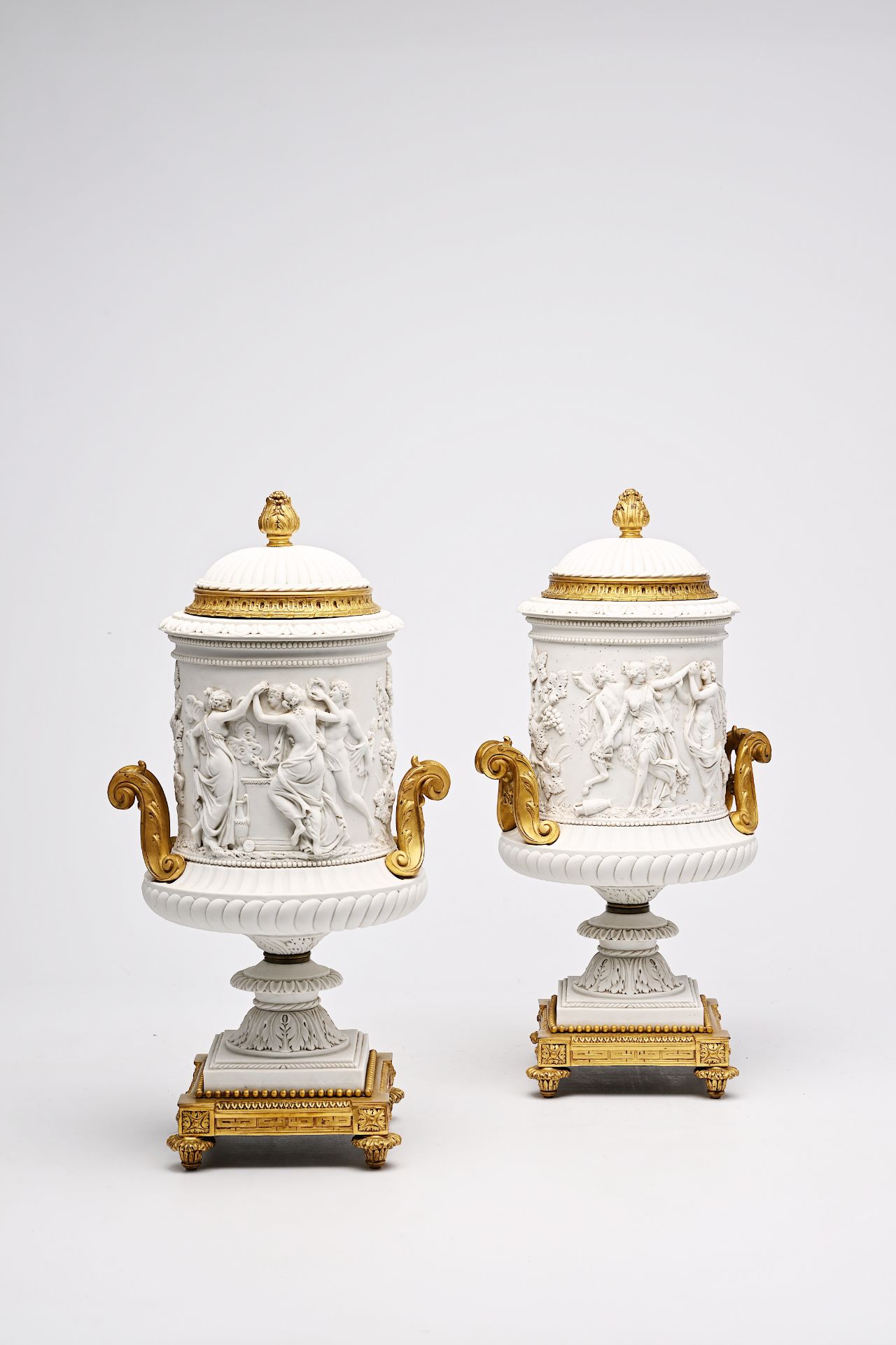 A pair of French biscuit gilt bronze mounted vases and covers with a frieze with bacchantes, Sevres - Image 11 of 14