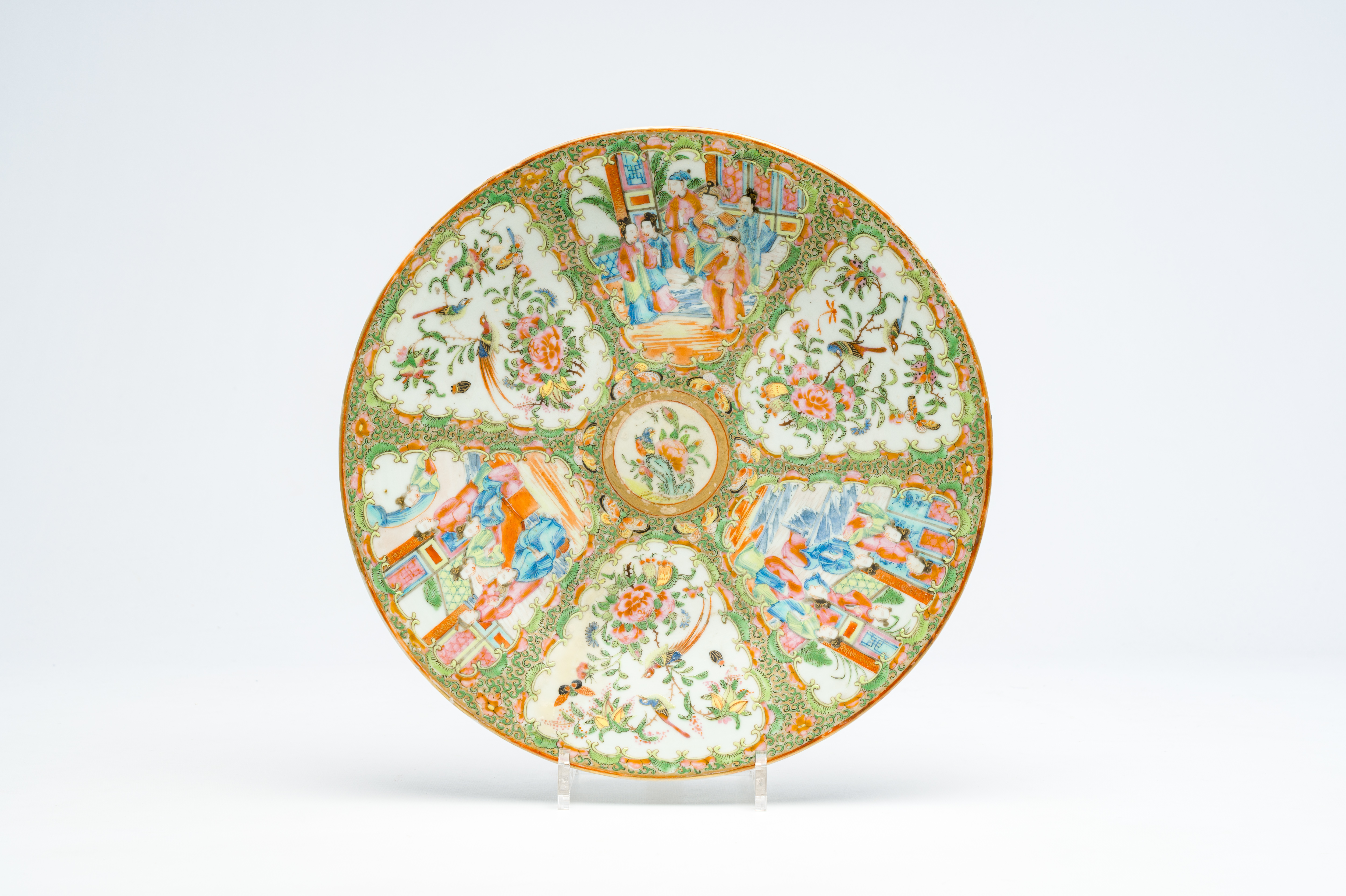 A varied collection of Chinese Canton famille rose porcelain with palace scenes and floral design, 1 - Image 2 of 11