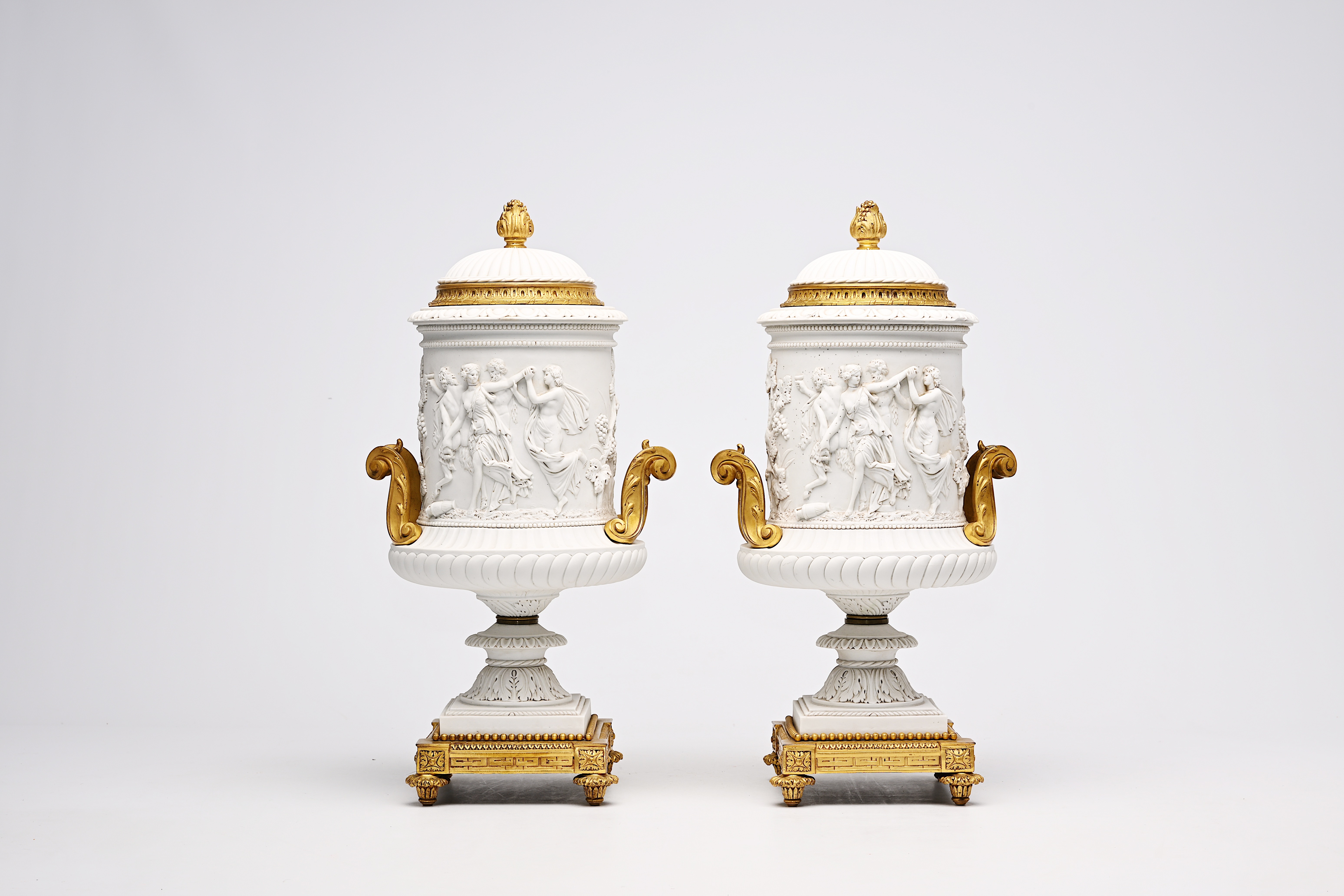 A pair of French biscuit gilt bronze mounted vases and covers with a frieze with bacchantes, Sevres - Image 2 of 14