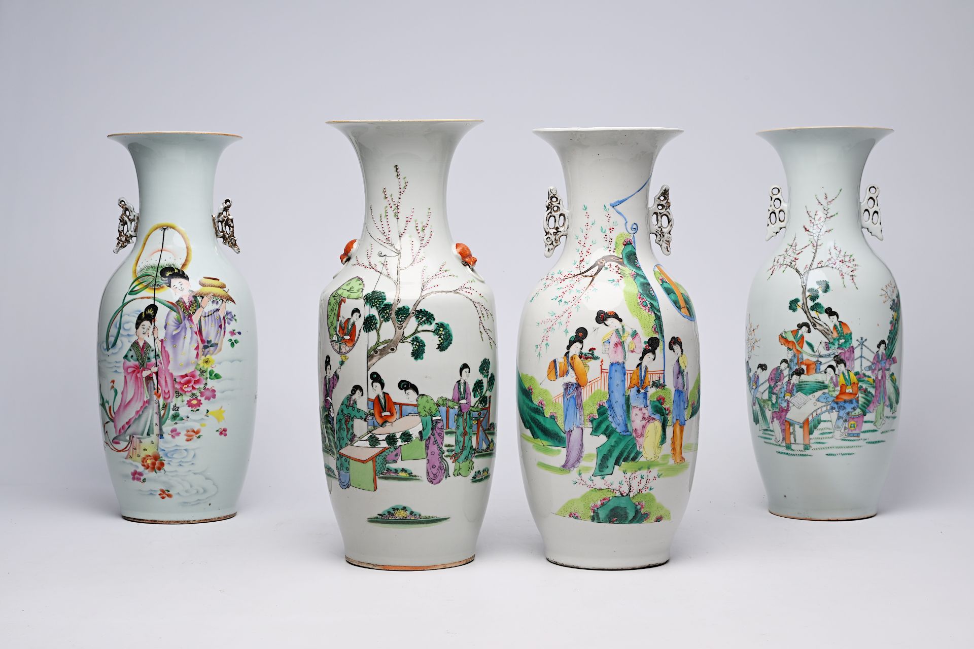 Four various Chinese famille rose and qianjiang cai vases with ladies, 19th/20th C. - Image 13 of 14