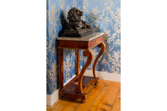 A French gilt bronze mounted mahogany veneered console with marble top, 19th C. - Image 3 of 7