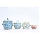 A Chinese Amsterdams bont bowl and three blue, white and qianjiang cai jars and covers, 18th C. and