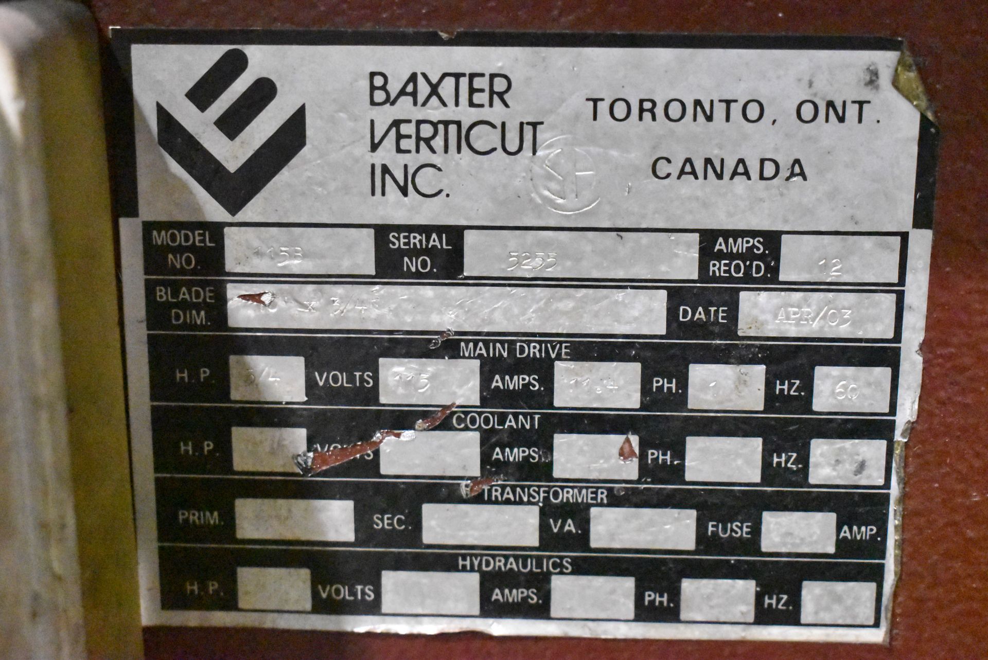 BAXTER VERTICUT MODEL 115B ROLL-IN VERTICAL BAND SAW WITH 18"X30" TABLE, 13" THROAT, 12" MAX. - Image 6 of 6