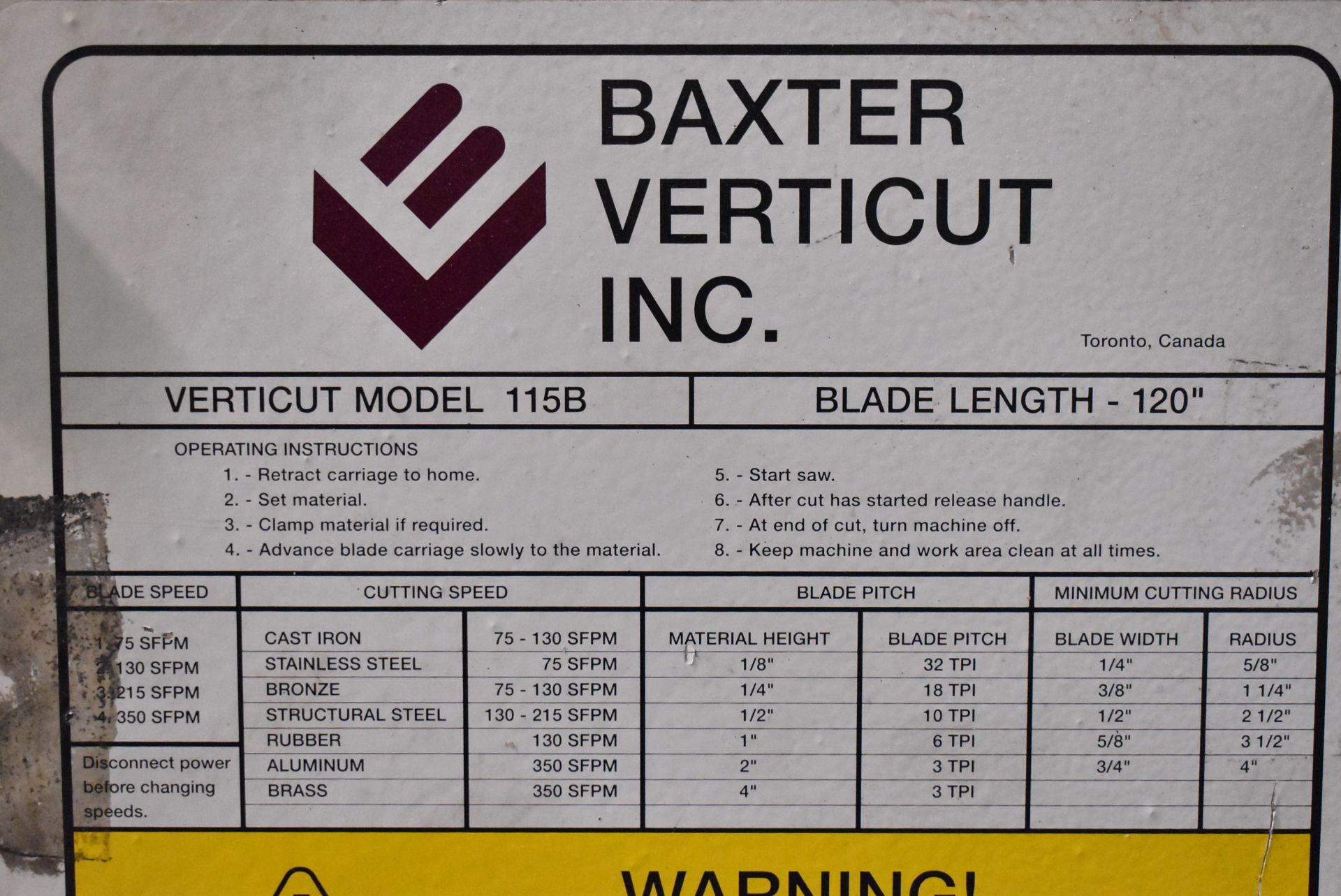 BAXTER VERTICUT MODEL 115B ROLL-IN VERTICAL BAND SAW WITH 18"X30" TABLE, 13" THROAT, 12" MAX. - Image 5 of 6