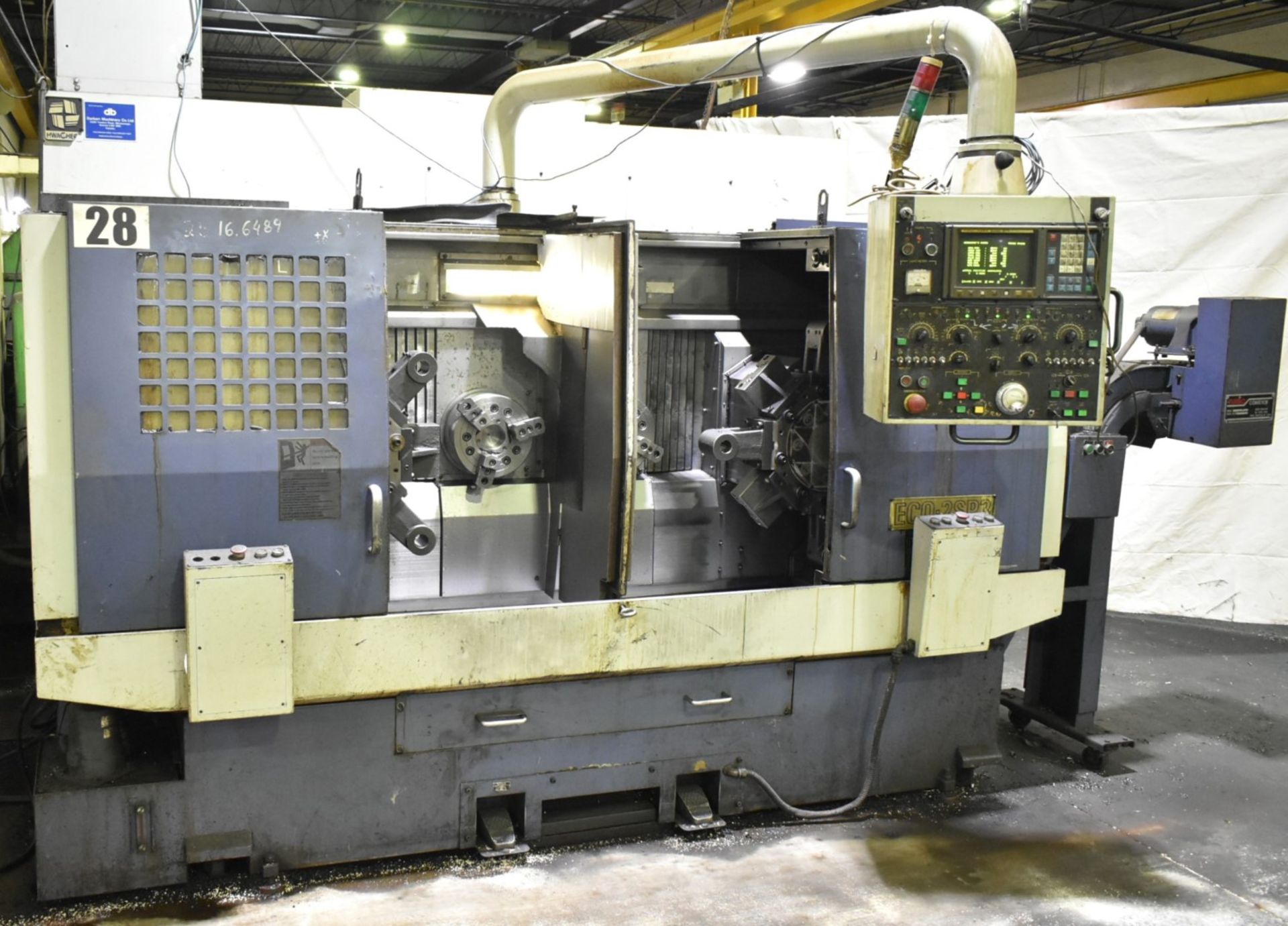 HWACHEON ECO 25P3 CNC TWIN SPINDLE CHUCKER WITH FANUC SERIES 0-T CNC CONTROL, (2) 10" 3-JAW