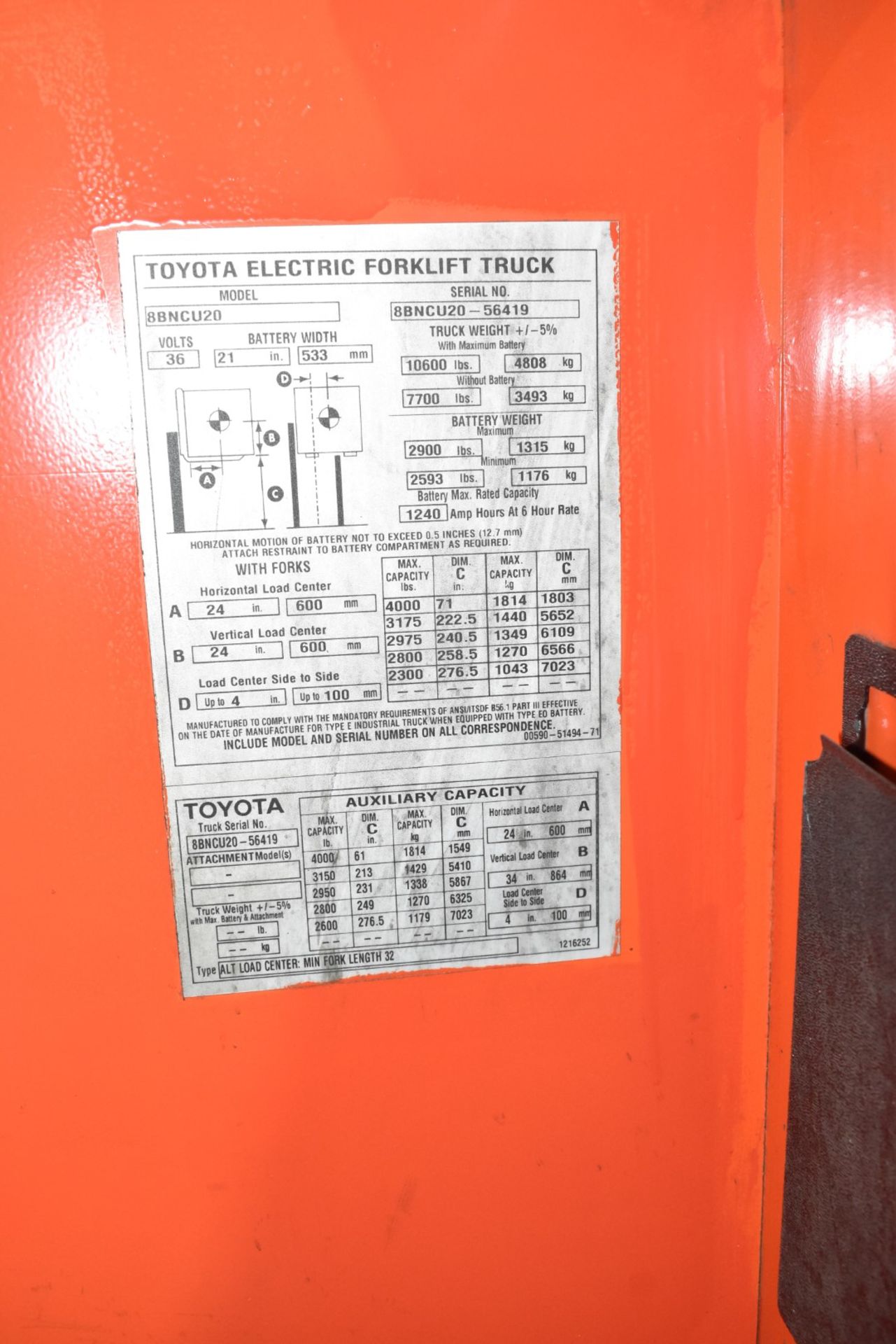 TOYOTA (2017) 8BNCU20 STAND ON ELECTRIC FORKLIFT WITH, 4,000LBS CAPACITY, 36V BATTERY, 276.5" MAX - Image 6 of 7