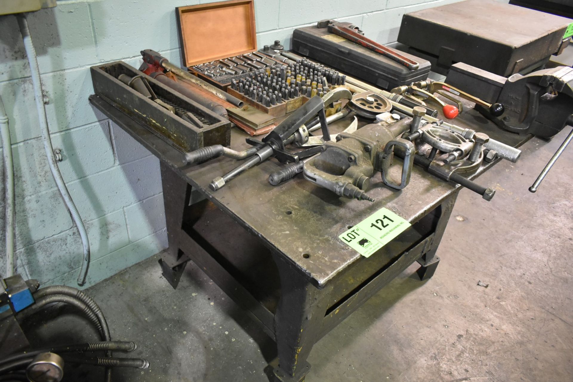 LOT/ STEEL TABLE WITH PULLERS AND HAND TOOLS - Image 2 of 3