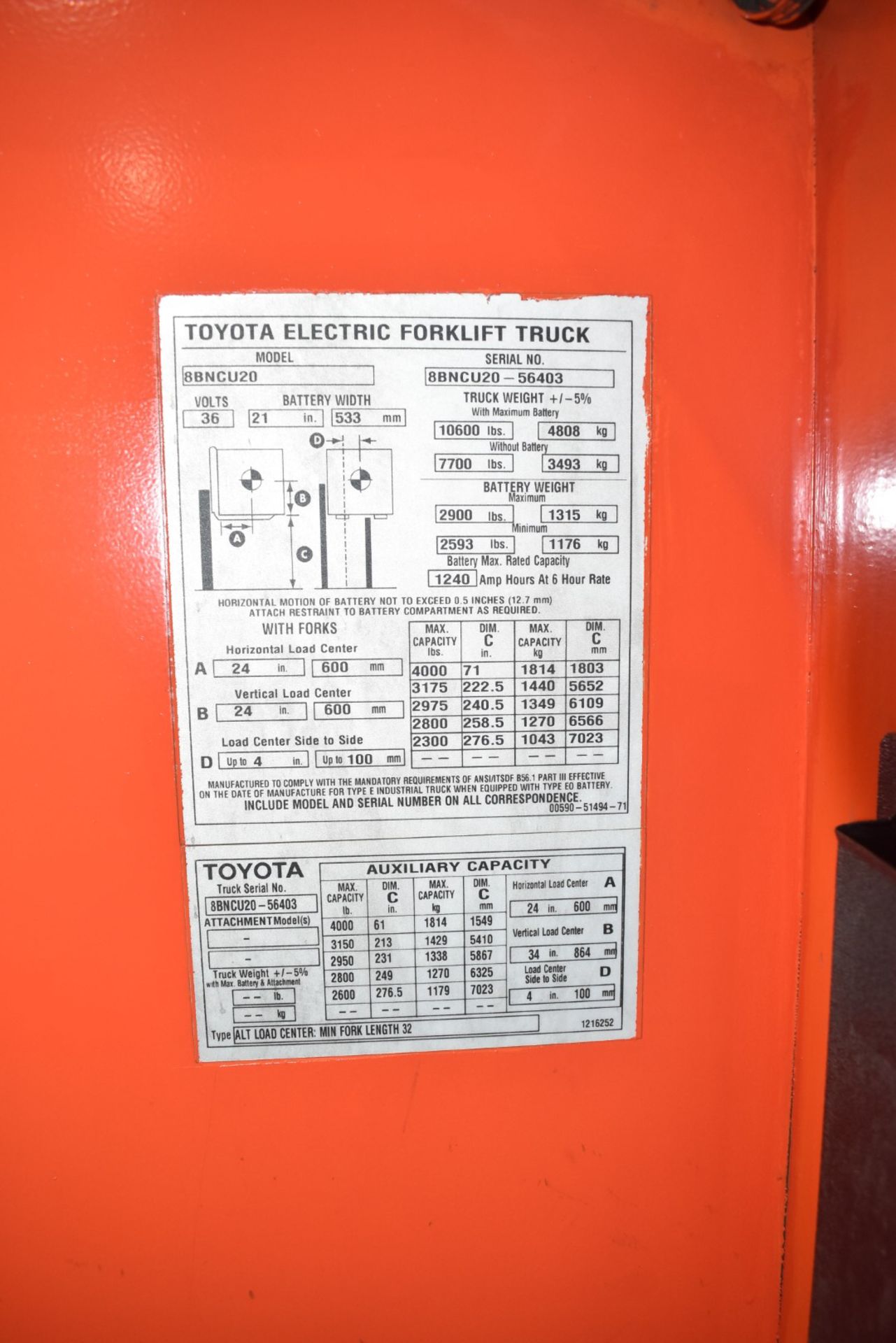 TOYOTA (2017) 8BNCU20 STAND ON ELECTRIC FORKLIFT WITH, 4,000LBS CAPACITY, 36V BATTERY, 276.5" MAX - Image 6 of 7