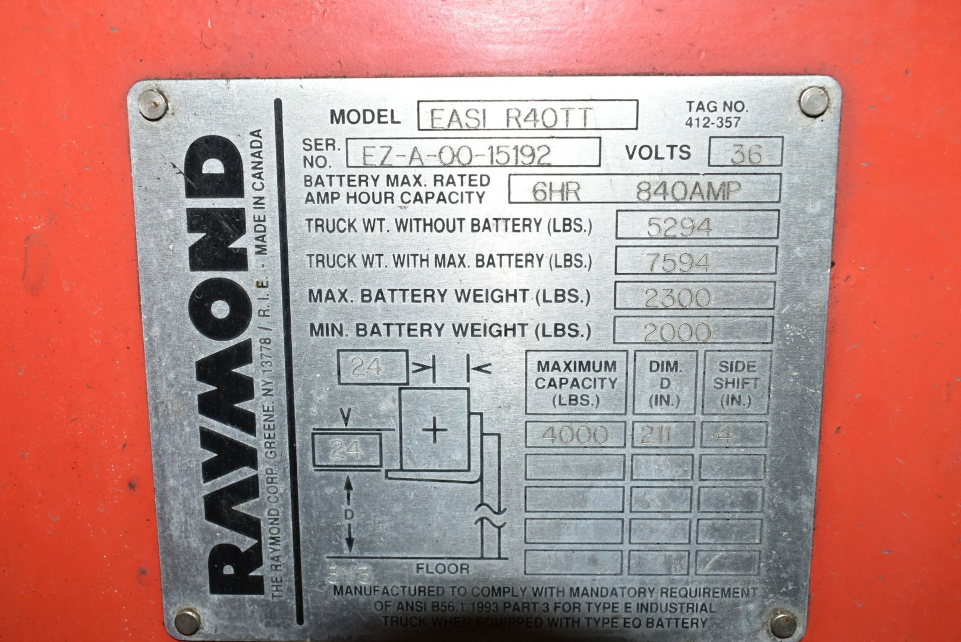 RAYMOND EASI R40TT 36V ELECTRIC REACH TRUCK WITH 4000LBS CAPACITY, 211" MAX REACH, CUSHION TIRES, - Image 6 of 6