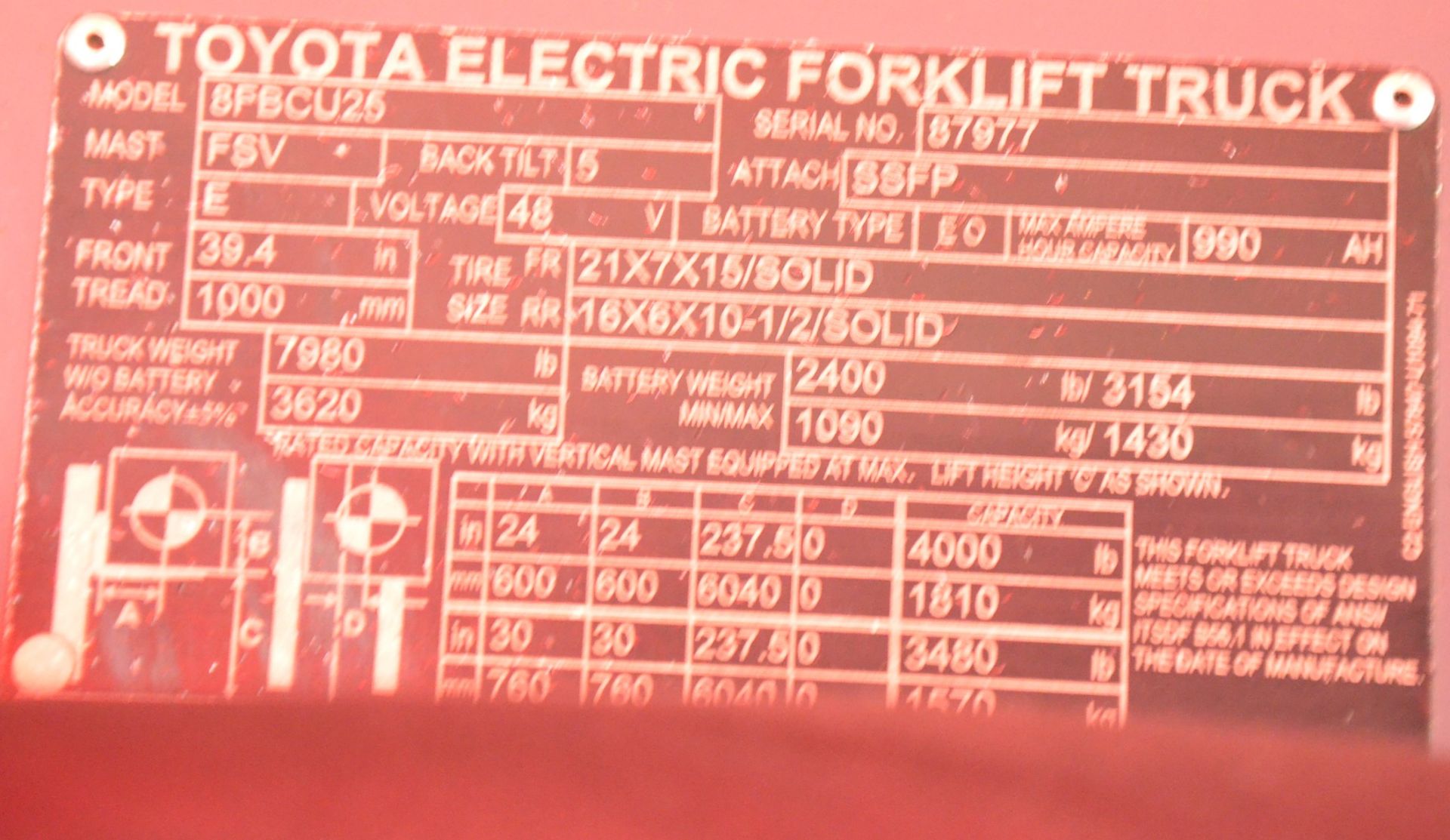 TOYOTA (2021) 8FBCU25 4,000 LB. CAPACITY 48V ELECTRIC FORKLIFT - Image 11 of 13