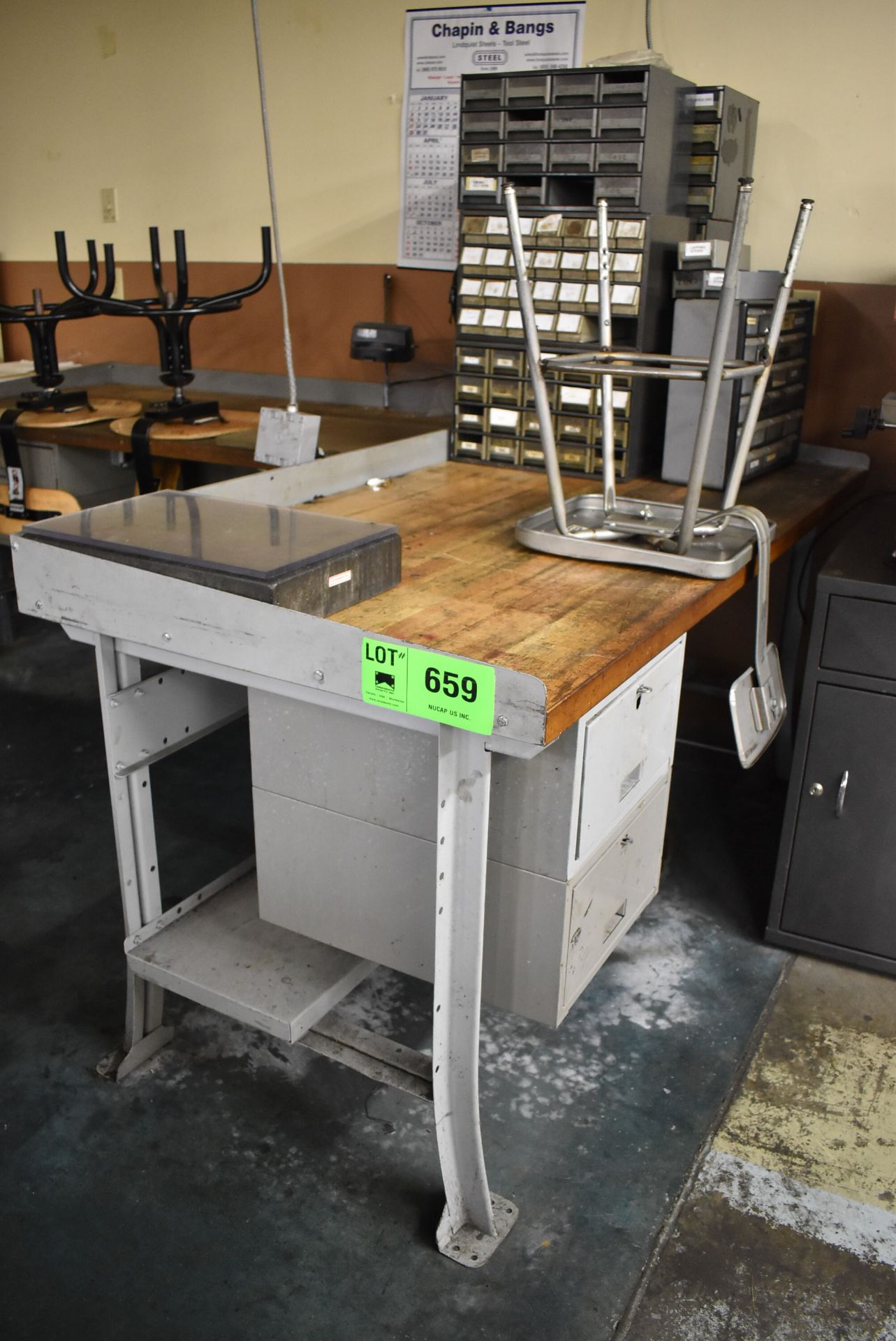 LOT/ (2) WOOD TOP WORK BENCHES WITH STOOLS, GRANITE PLATE & HARDWARE STORAGE BINS - Image 2 of 5