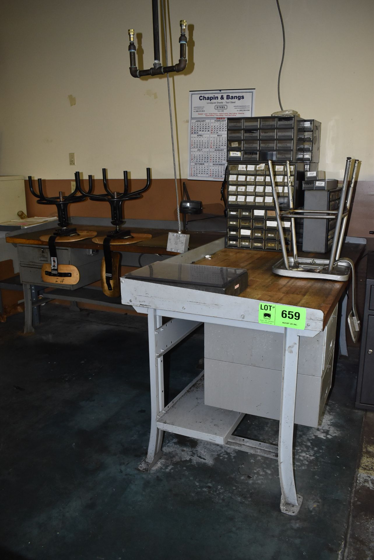LOT/ (2) WOOD TOP WORK BENCHES WITH STOOLS, GRANITE PLATE & HARDWARE STORAGE BINS