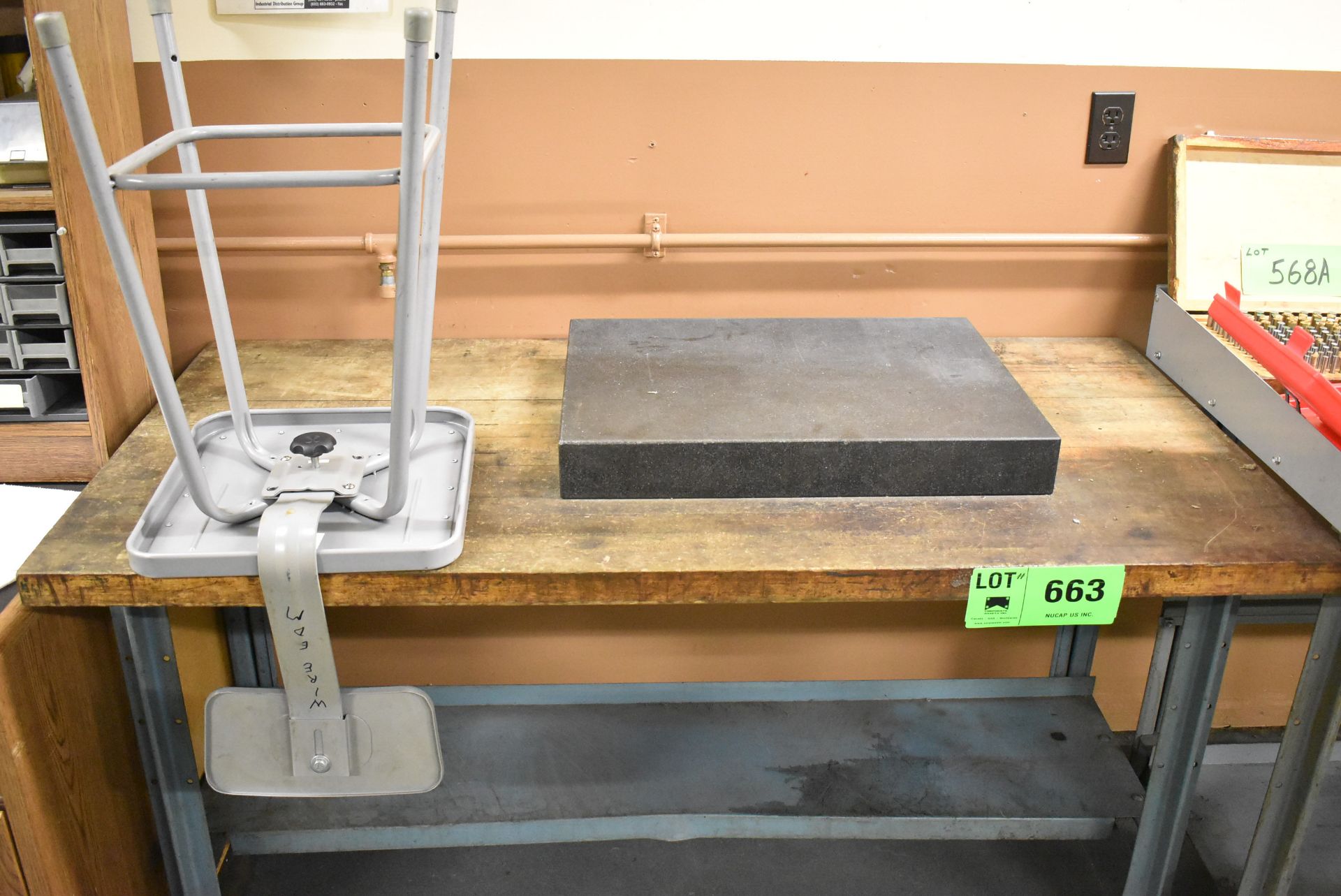LOT/ (2) WOOD TOP WORK BENCHES WITH GRANITE PLATE & STOOL (CONTENTS NOT INCLUDED) (DELAYED DELIVERY) - Image 2 of 4