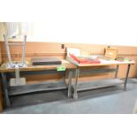 LOT/ (2) WOOD TOP WORK BENCHES WITH GRANITE PLATE & STOOL (CONTENTS NOT INCLUDED) (DELAYED DELIVERY)