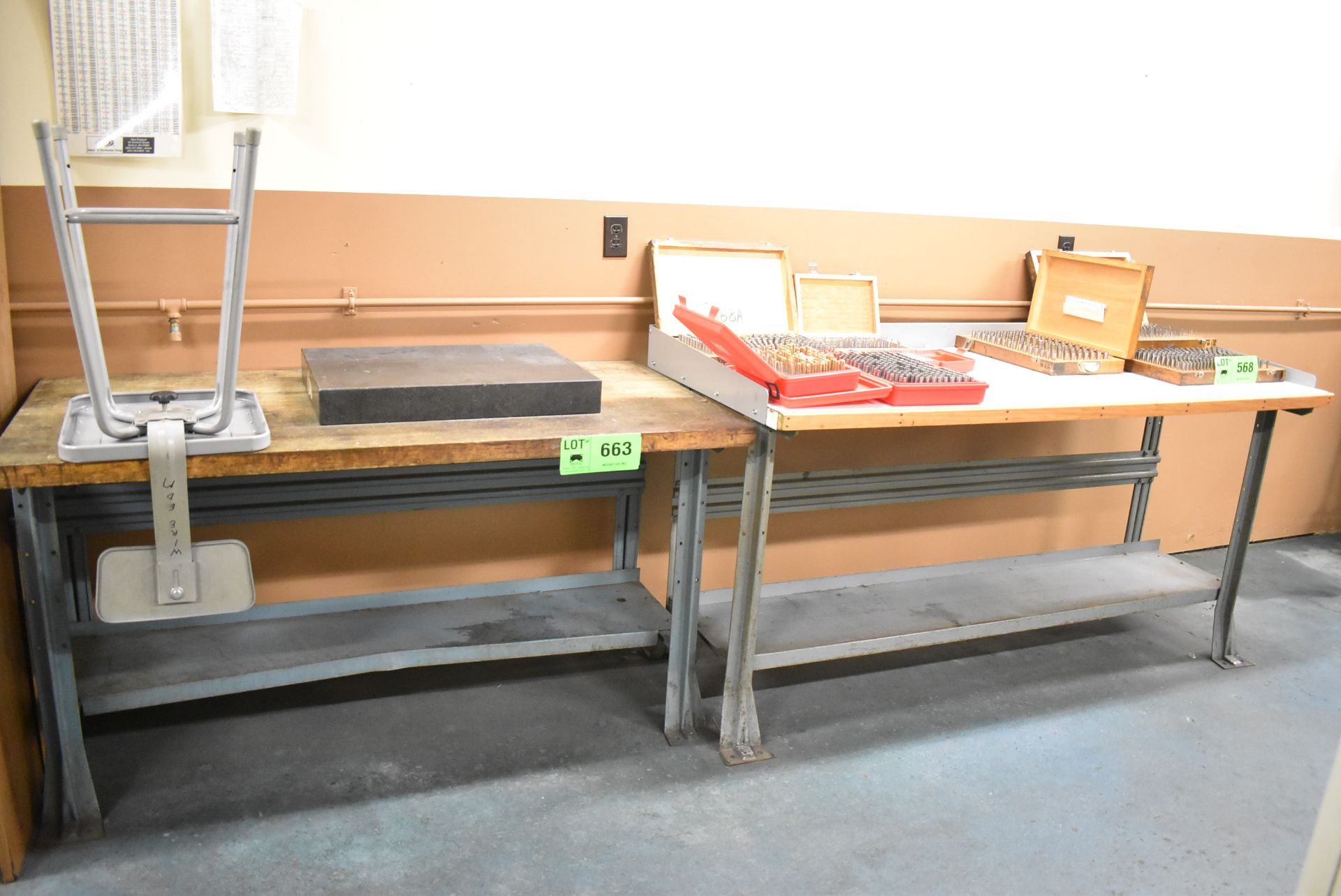 LOT/ (2) WOOD TOP WORK BENCHES WITH GRANITE PLATE & STOOL (CONTENTS NOT INCLUDED) (DELAYED DELIVERY)