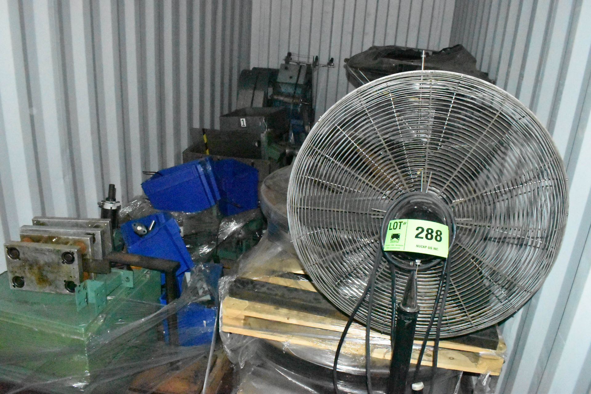 LOT/ REMAINING CONTENTS OF CONTAINER - INCLUDING SHOP FAN, WRIGHT HOIST WITH TROLLEY, ELECTRICAL