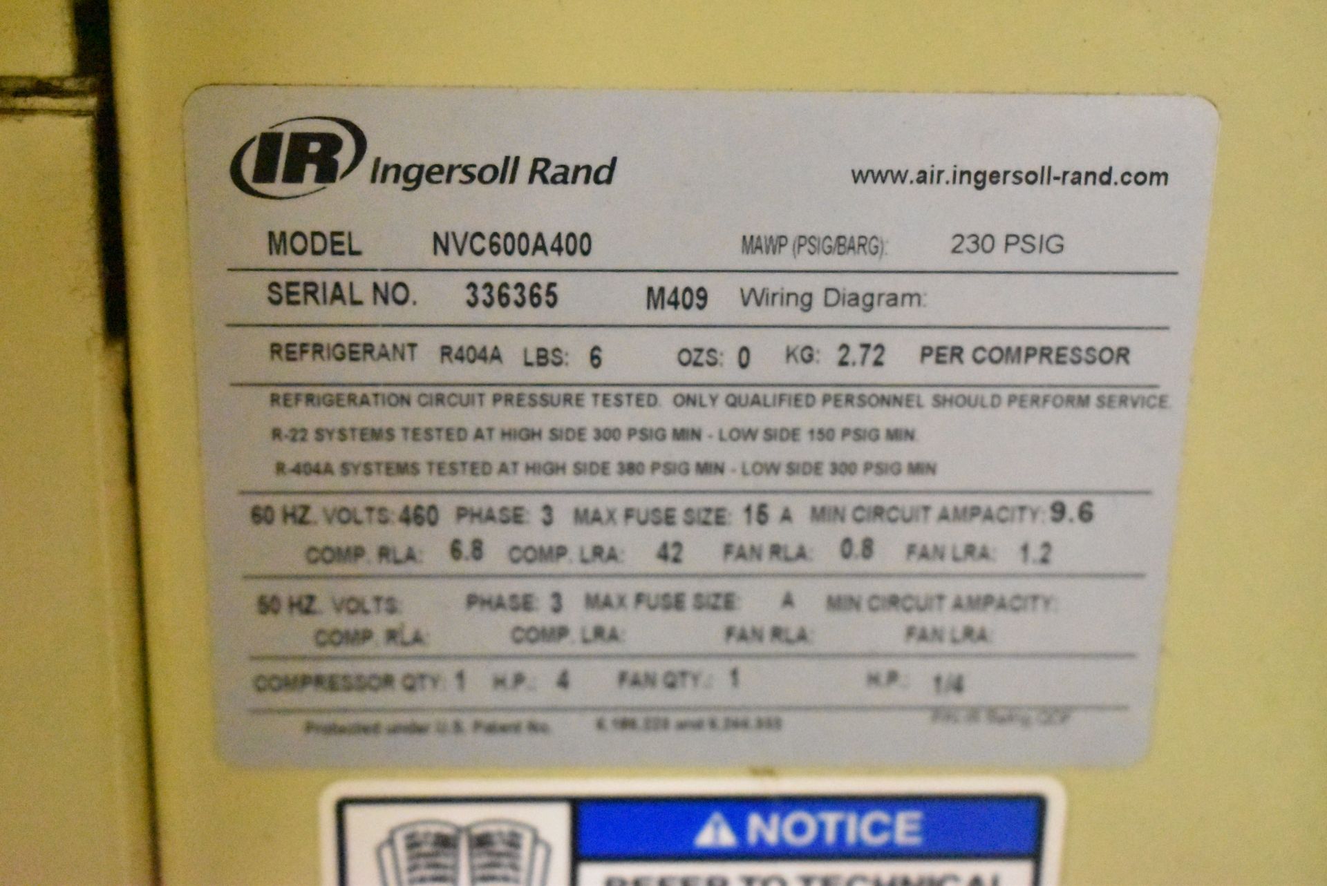 INGERSOLL-RAND NVC600A400 REFRIGERATED AIR DRYER WITH 230 PSIG, 1 HP, S/N: 336365 (CI) (DELAYED - Image 4 of 4