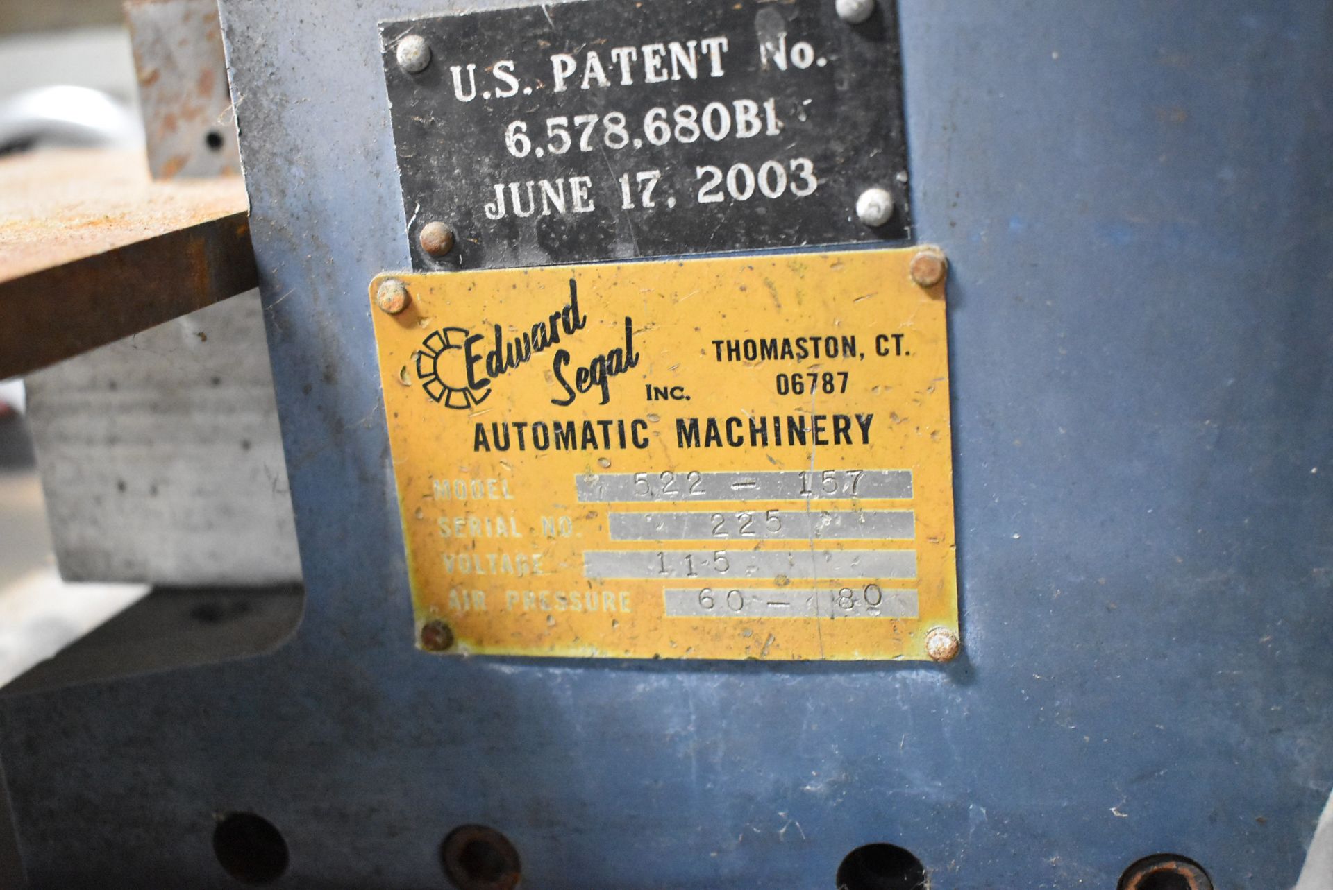 EDWARD SEGAL 522-157 PNEUMATIC INSERTION PRESS, S/N: 225 (LOCATED AT 115 RIDGETOP RD, SCARBOROUGH, - Image 5 of 5