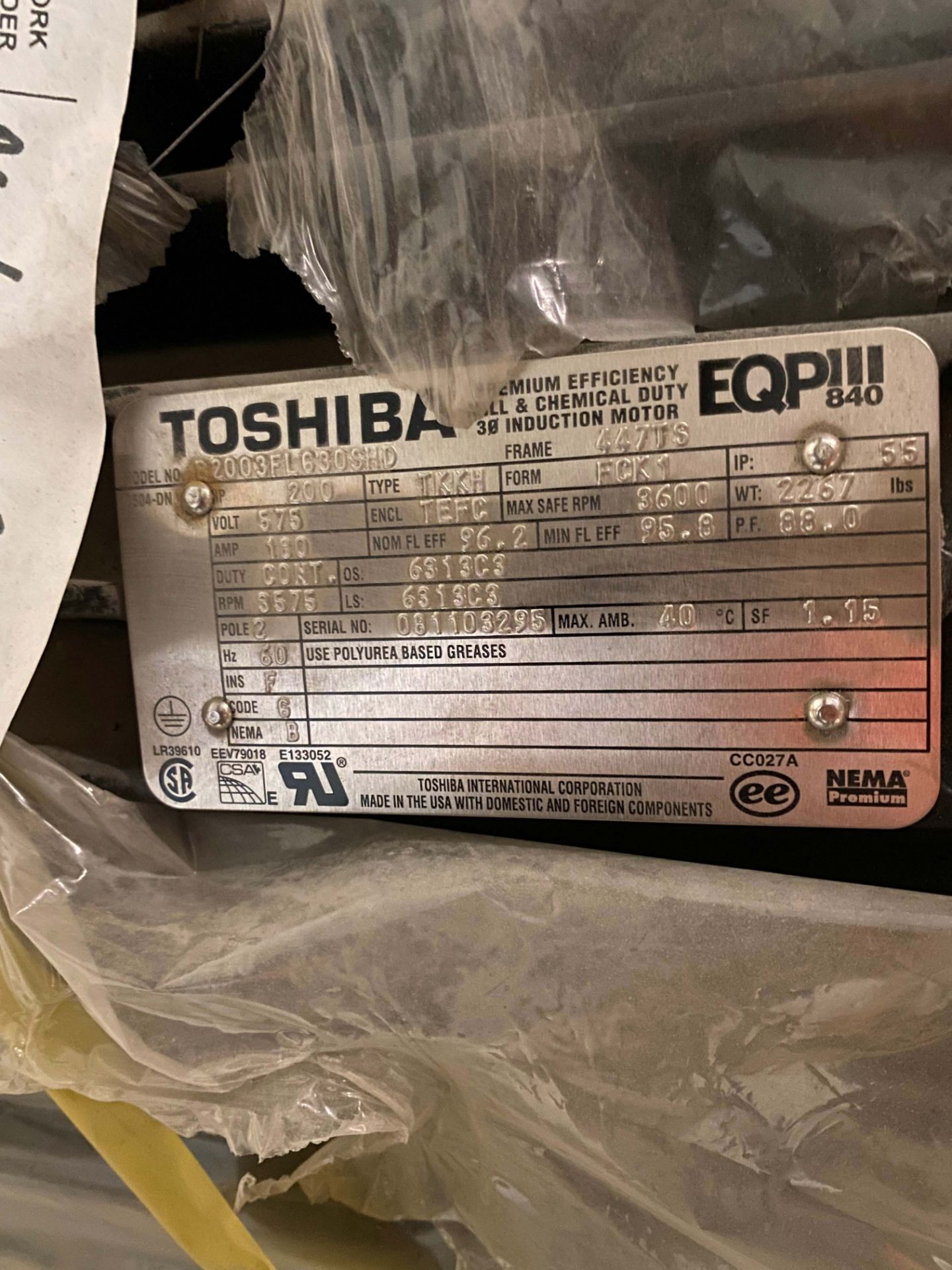 TOSHIBA 200 HP MOTOR, 575V/3PH/60HZ, S/N 081103295 (LOCATED IN THOMPSON, MB) - Image 3 of 3