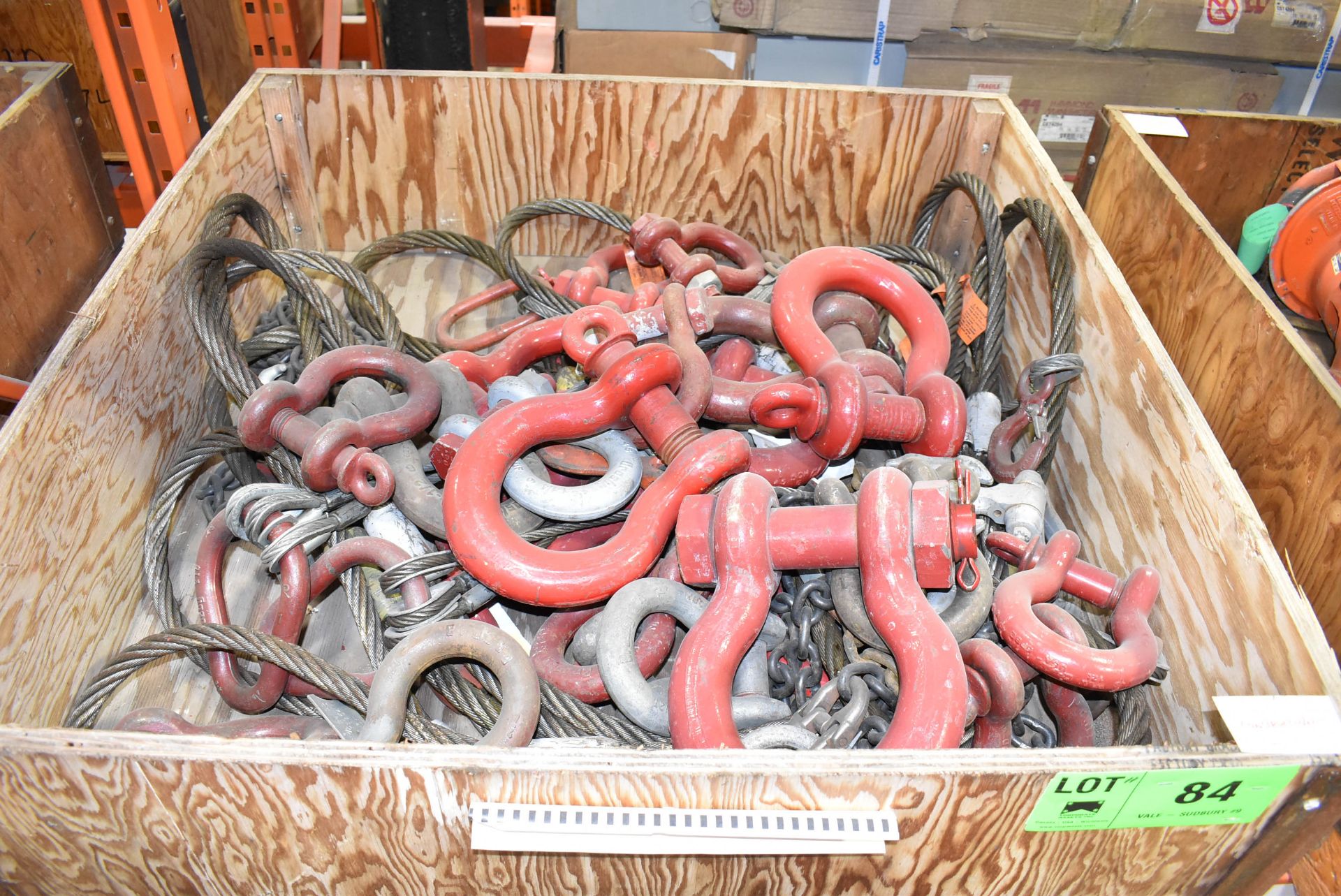 LOT/ CRATE WITH LIFTING SUPPLIES CONSISTING OF SHACKLES, CHAIN & CABLE SLINGS (CMD-304-23S)