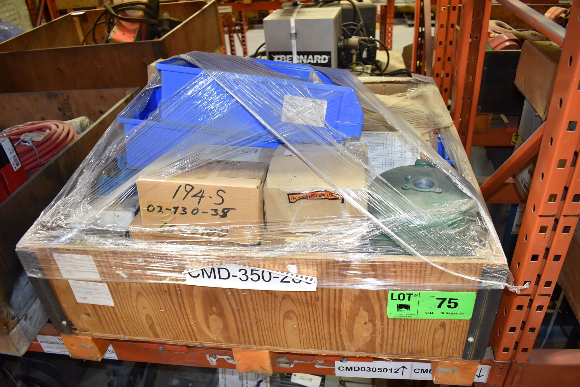 LOT/ CRATE WITH SPARE PARTS CONSISTING OF SPROCKETS, PULLEYS, SHAFTS, SOLENOIDS, RELAYS, PRESSURE