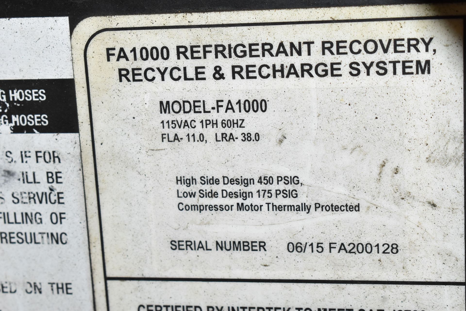 CPS FA1000 MACH 7 REFRIGERANT RECOVERY, RECYCLE & RECHARGE SYSTEM, 115V/1PH/60HZ, S/N 06/15 FA200128 - Image 6 of 6