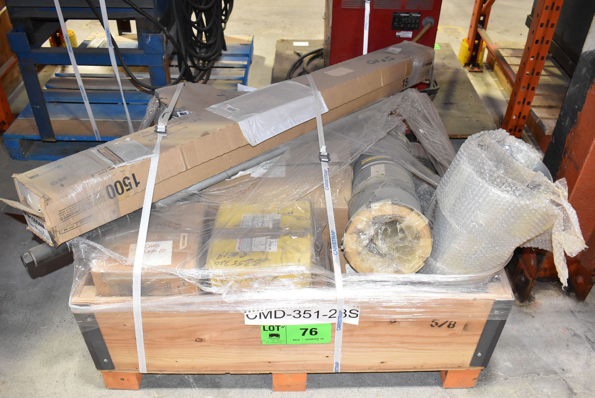 LOT/ CRATE WITH SPARE PARTS CONSISTING OF SHAFTS, IMPELLERS, SPROCKETS, PULLEYS, PLUGS & BASEBOARD