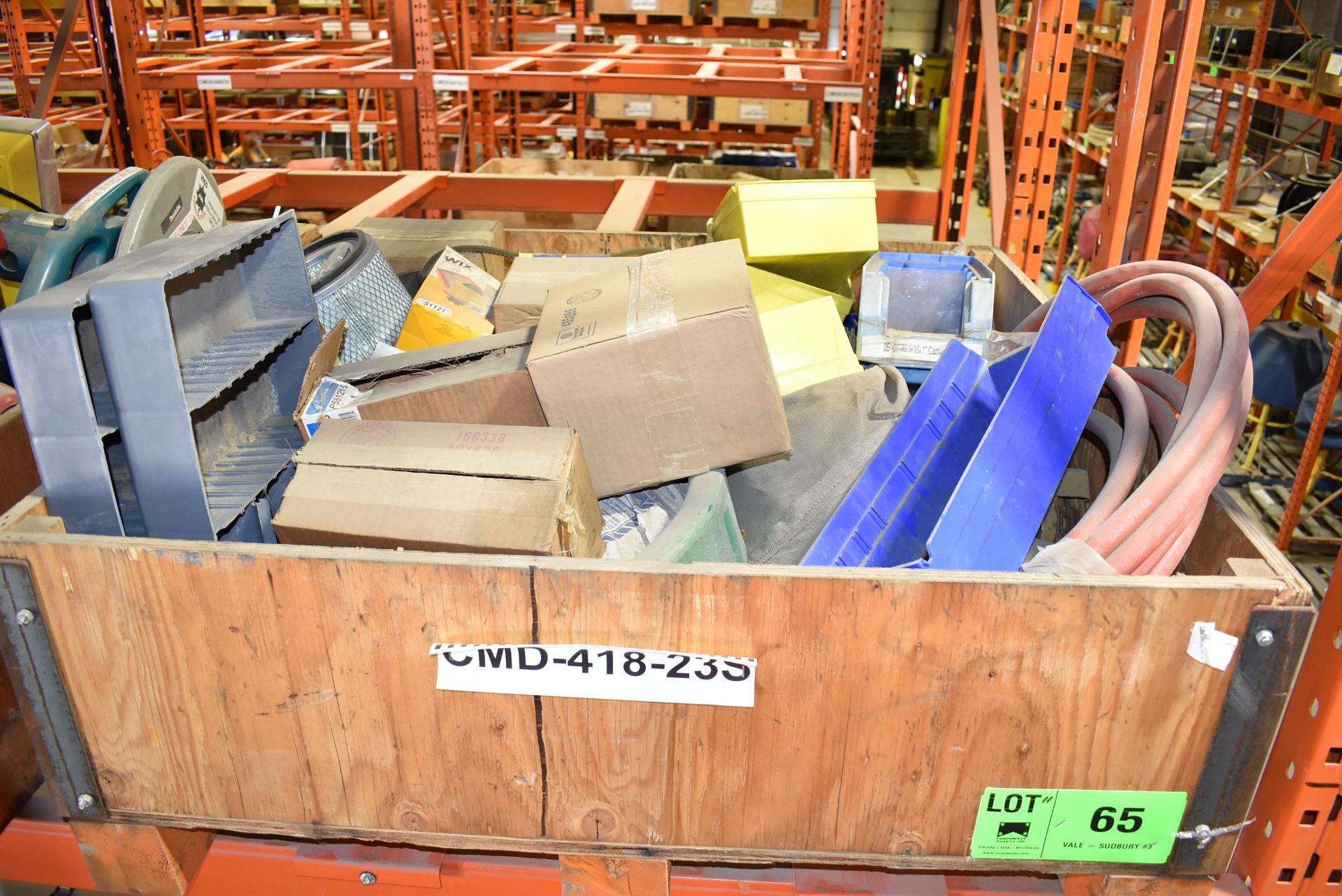 LOT/ CRATE WITH SPARE PARTS CONSISTING OF FILTERS, HOSES, BELTS & PARTS BINS (CMD-418-23S)