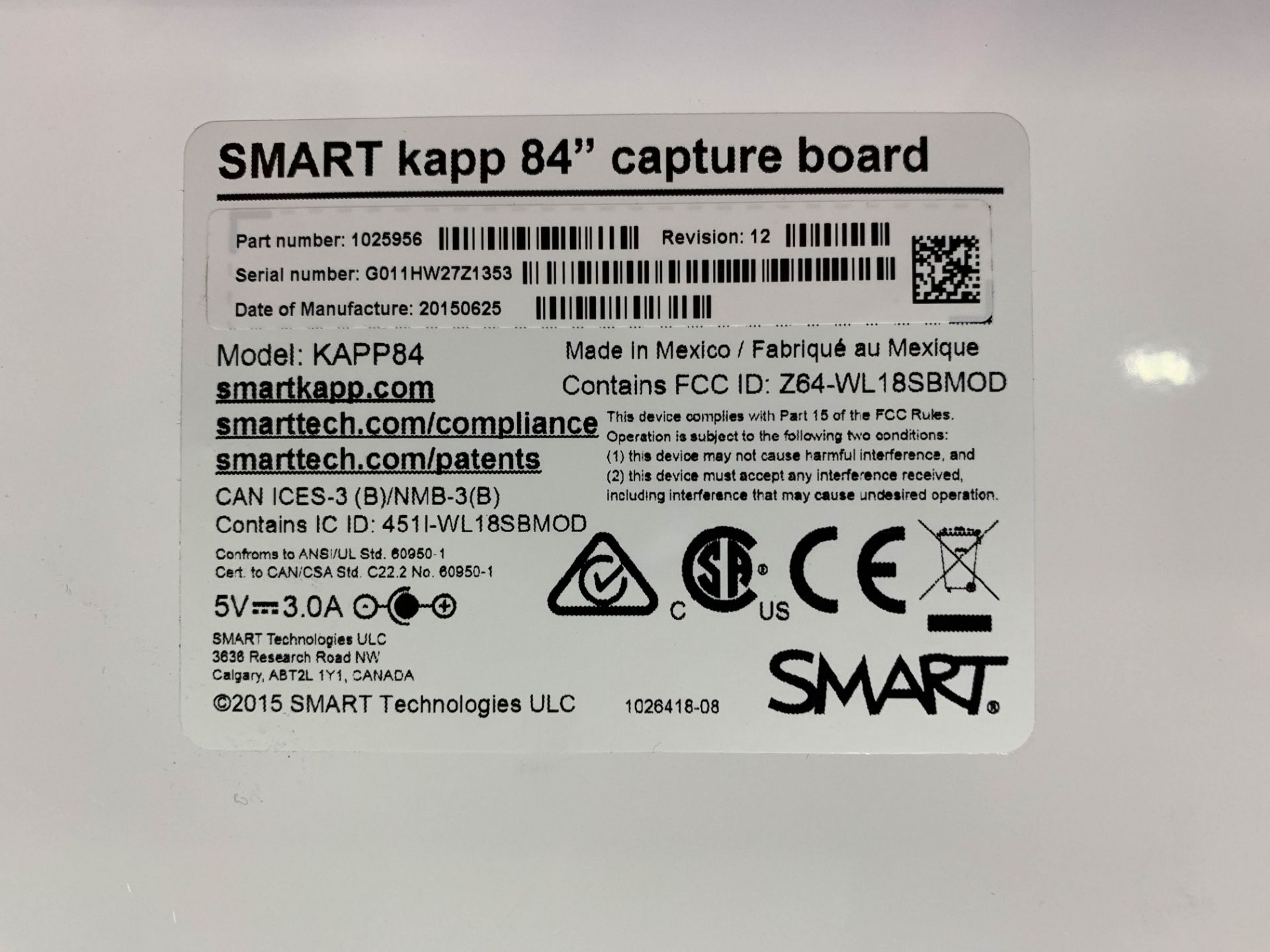 KNAPP (2015) 1025956 84" SMART CAPTURE BOARD, S/N G011HW27Z1353 (CMD-400-23S) - Image 4 of 4