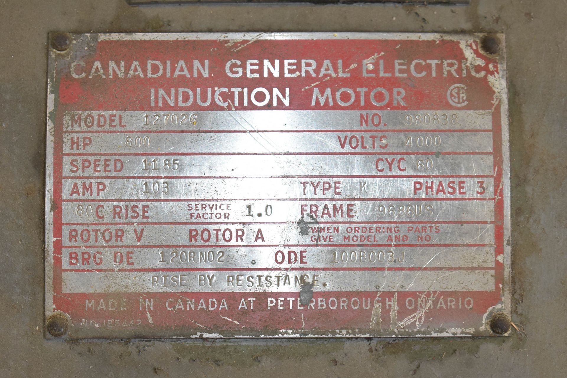 CANADIAN GENERAL ELECTRIC 127026 800 HP INDUCTION MOTOR, 4000V/3PH/60HZ, S/N 980838 (CMD-014-22S) - Image 2 of 6