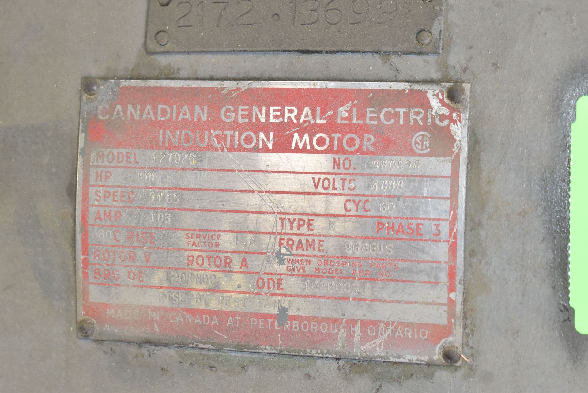 CANADIAN GENERAL ELECTRIC 127026 800 HP INDUCTION MOTOR, 4000V/3PH/60HZ, S/N 980838 (CMD-014-22S) - Image 3 of 6