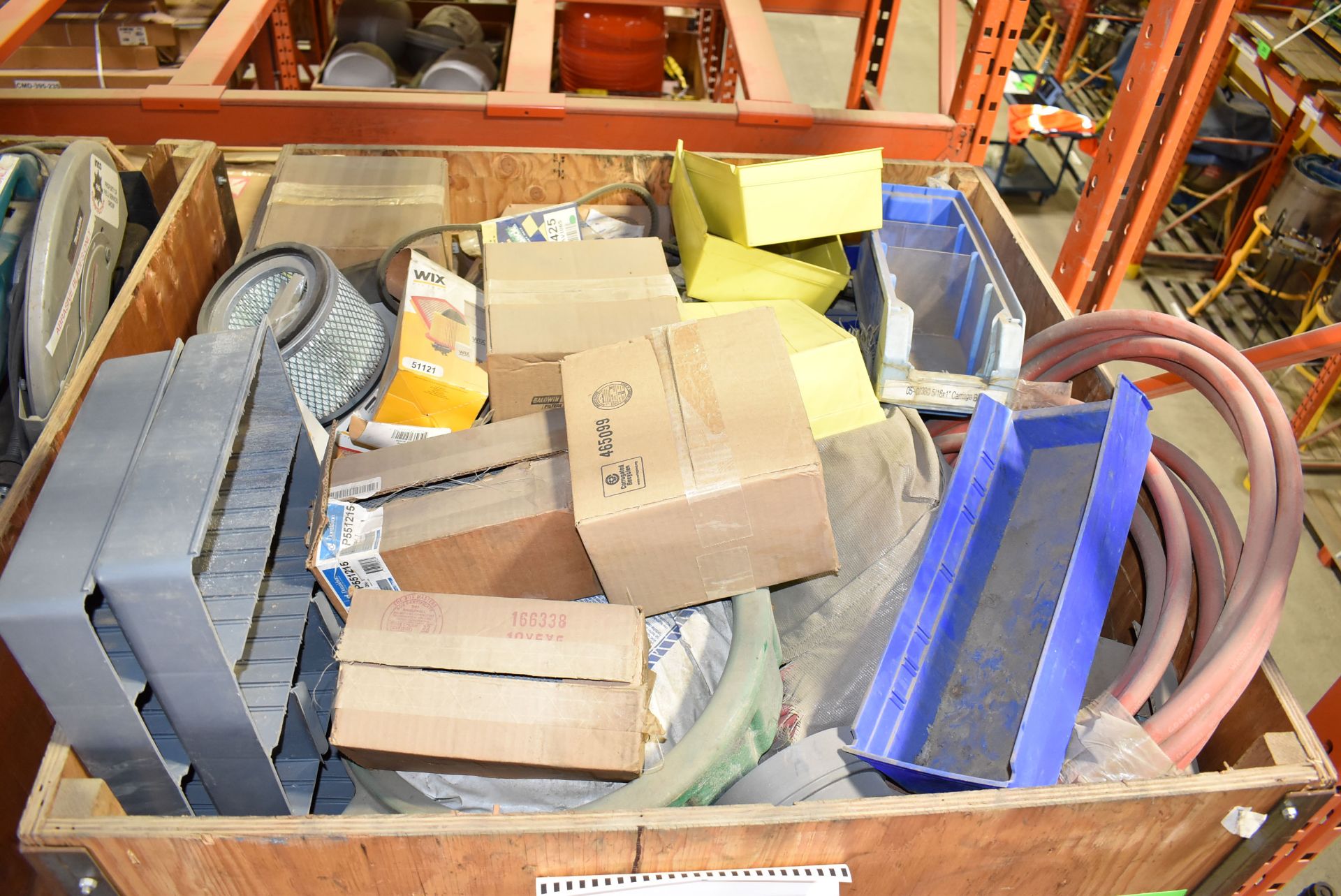 LOT/ CRATE WITH SPARE PARTS CONSISTING OF FILTERS, HOSES, BELTS & PARTS BINS (CMD-418-23S) - Image 2 of 5