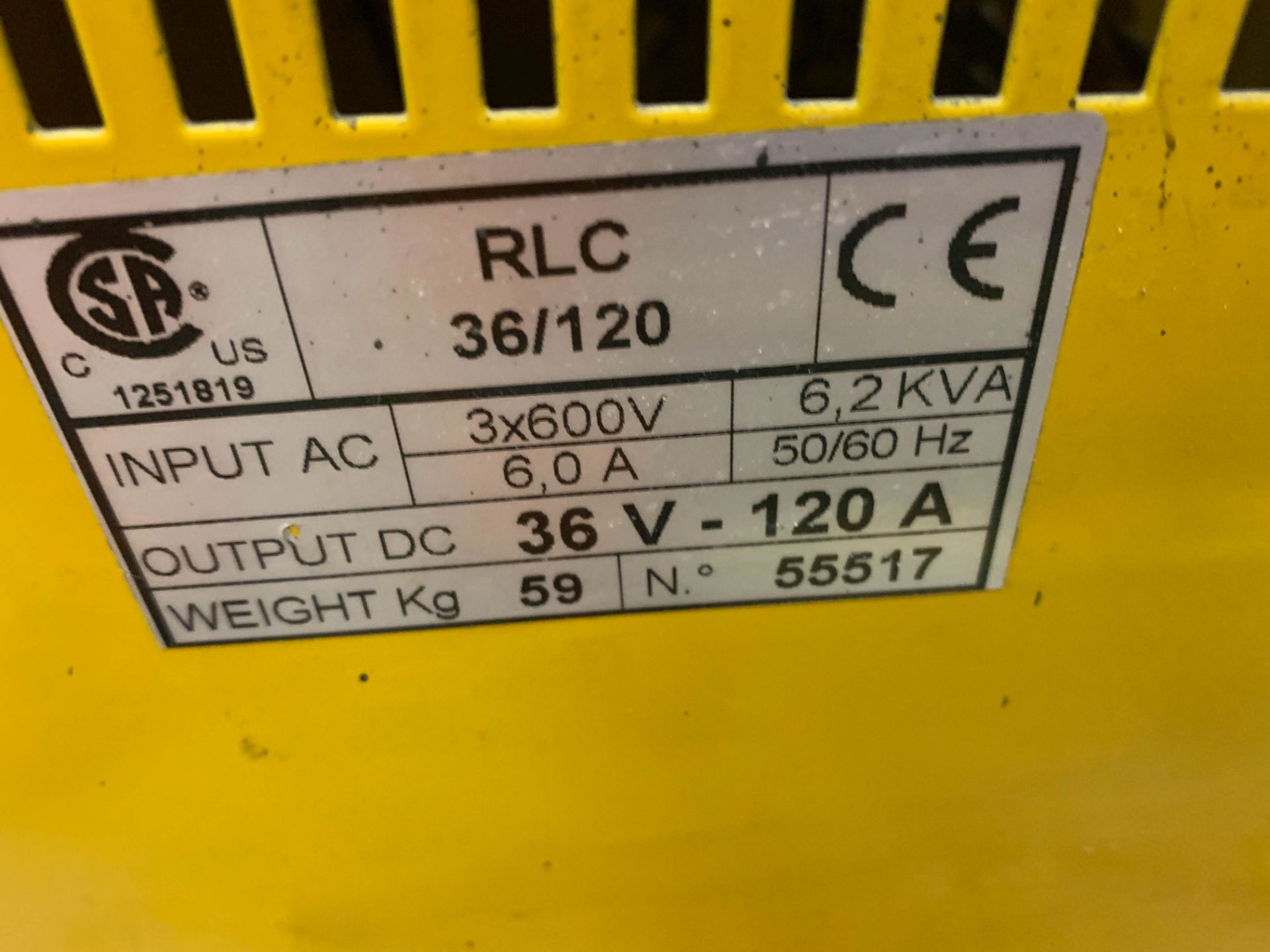 RLC 36 V ELECTRIC BATTERY CHARGER, 600V/3PH/60HZ, S/N 55517 (CMD-181-22S) - Image 2 of 2