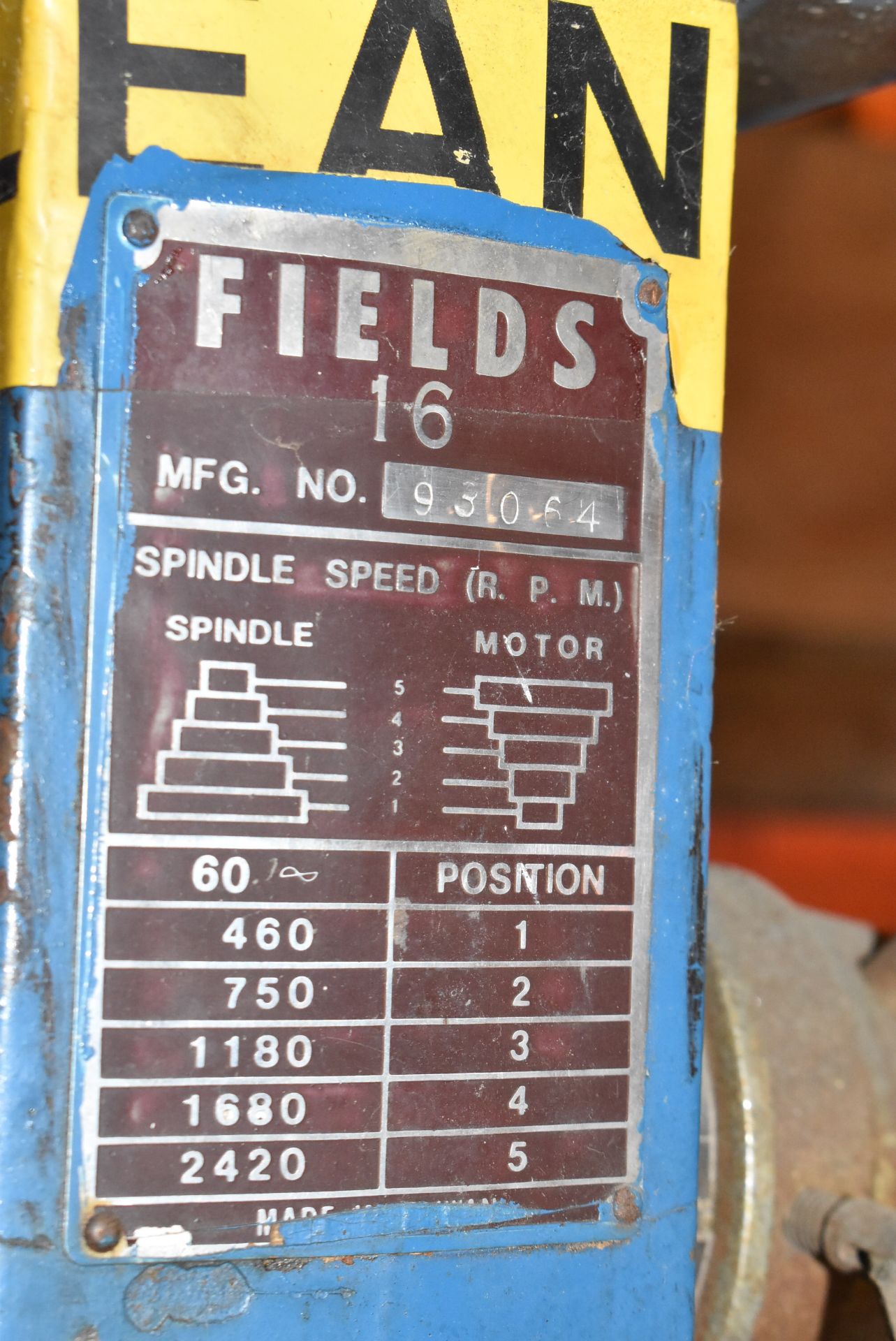 FIELDS 16 DRILL PRESS WITH SPEEDS TO 2,420 RPM, S/N 93064 (CMD-322-23S) - Image 3 of 4
