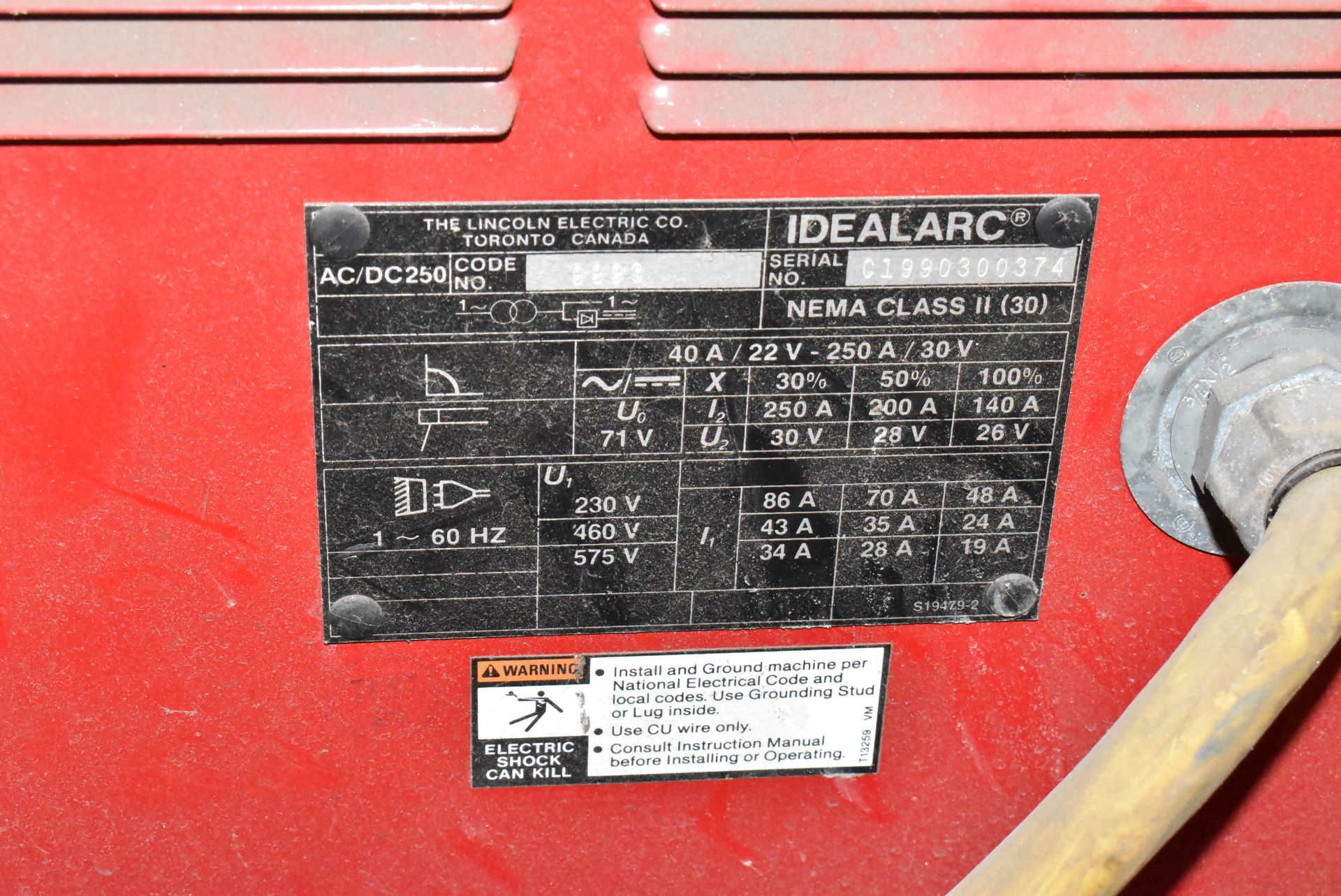 LINCOLN ELECTRIC IDEALARC 250 CONSTANT CURRENT AC/DC ARC WELDER, 230-460-575V/3PH/60HZ, S/N - Image 5 of 5