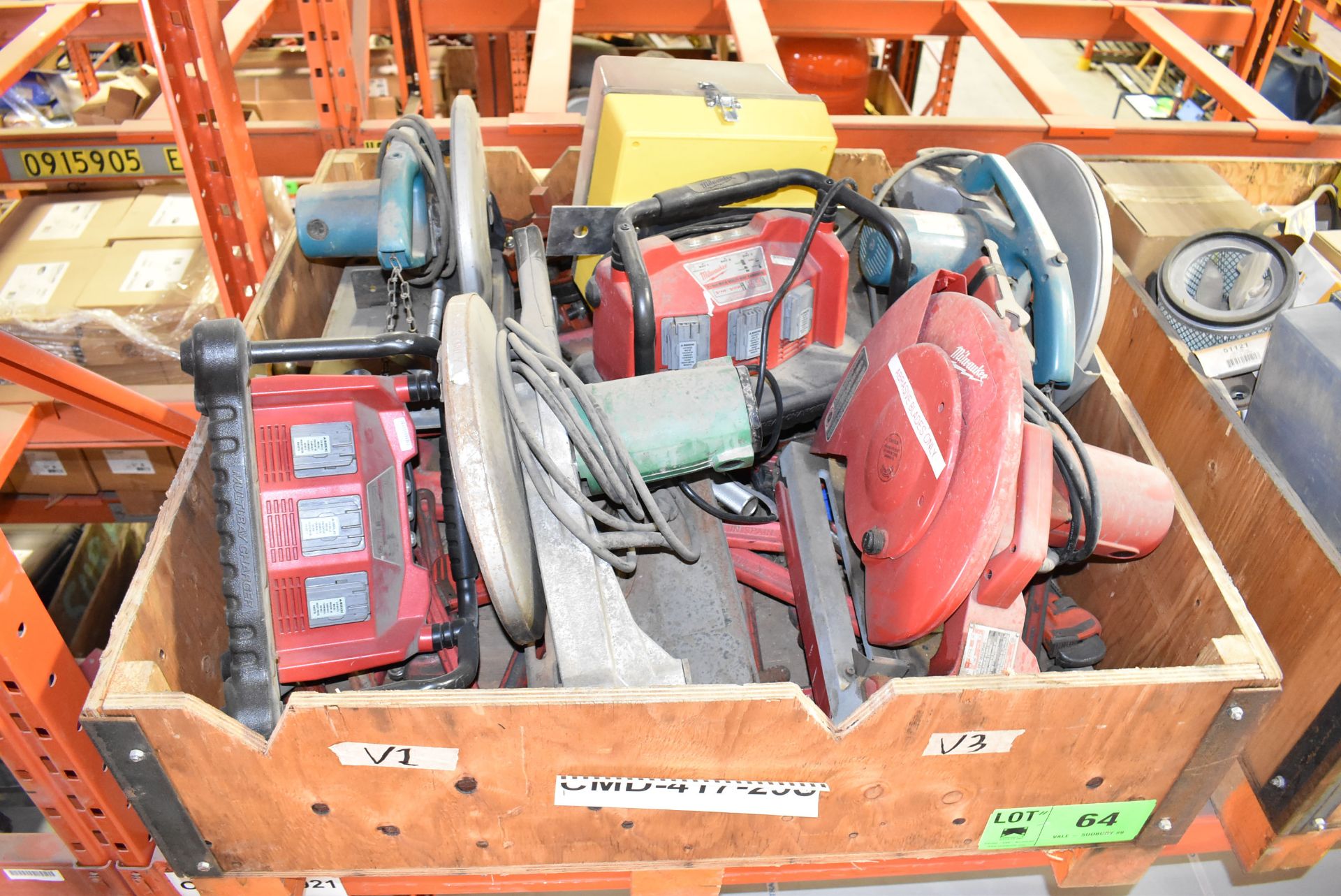 LOT/ CRATE WITH CONTENTS CONSISTING OF (4) ABRASIVE CUT OFF SAWS, (2) MILWAUKEE MULTI-STATION