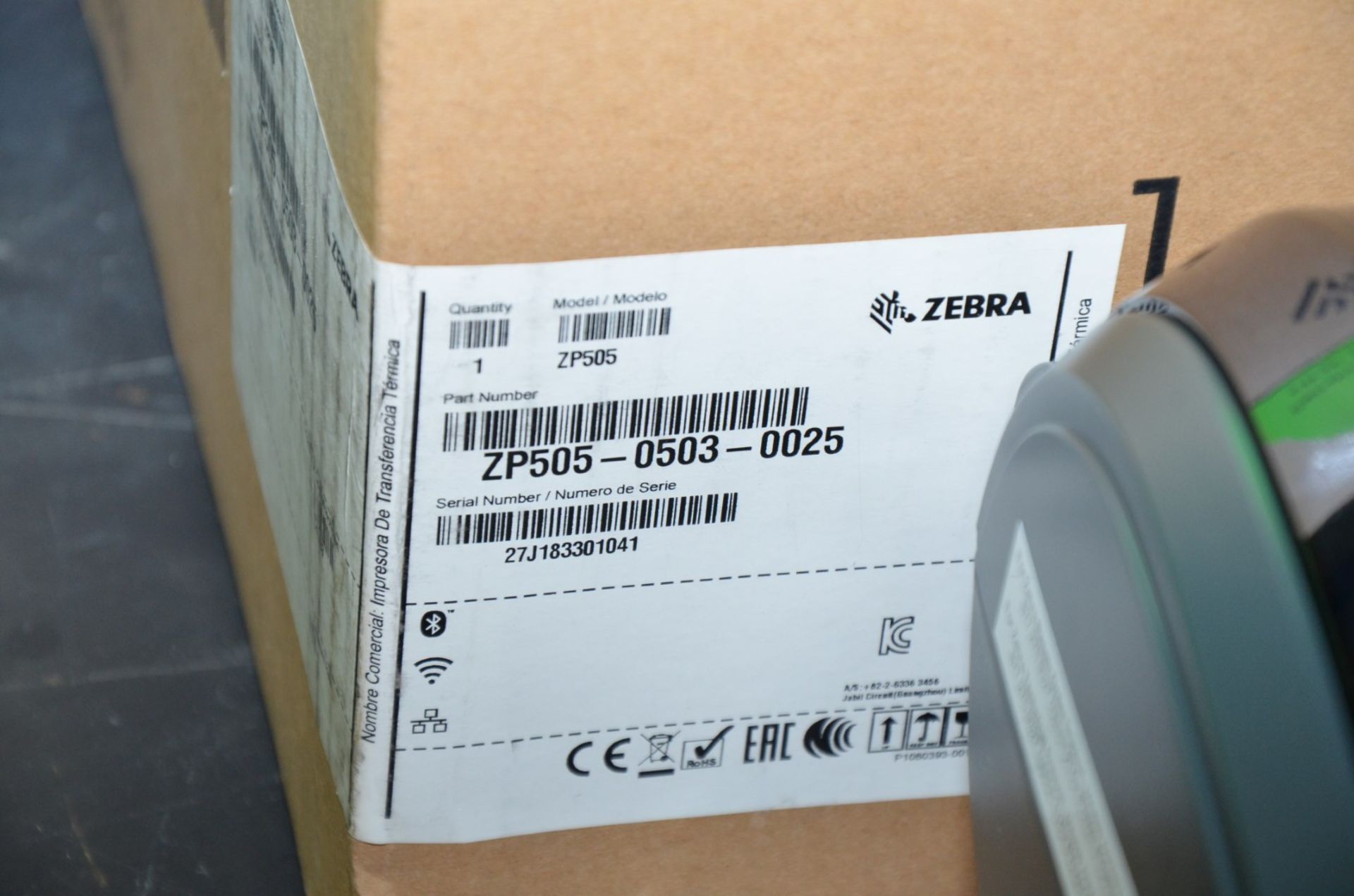 ZEBRA ZP505 DESKTOP THERMAL TRANSFER LABEL AND BARCODE PRINTER, S/N 27J183301041 (BNIB) - Image 2 of 3