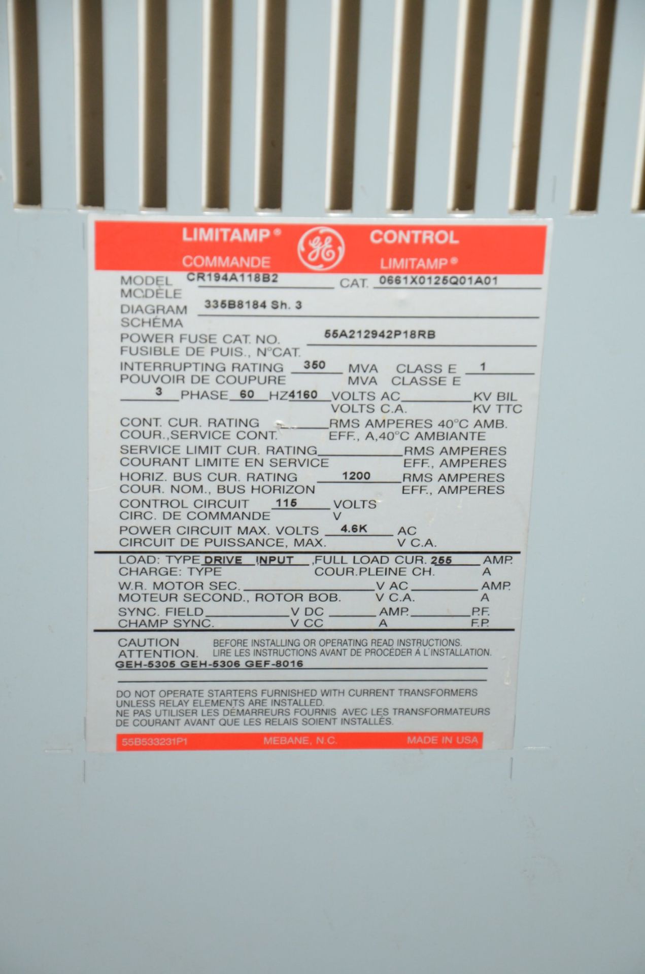 GE LIMITAMP BREAKER PANEL (CI) [RIGGING FEE FOR LOT #535 - $450 USD PLUS APPLICABLE TAXES] - Image 2 of 2
