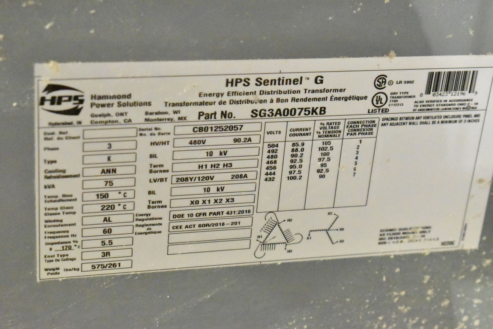 HPS 75KVA/480-208-120V/3PH/60HZ TRANSFORMER (CI) [RIGGING FEE FOR LOT #893 - $50 USD PLUS APPLICABLE - Image 2 of 2