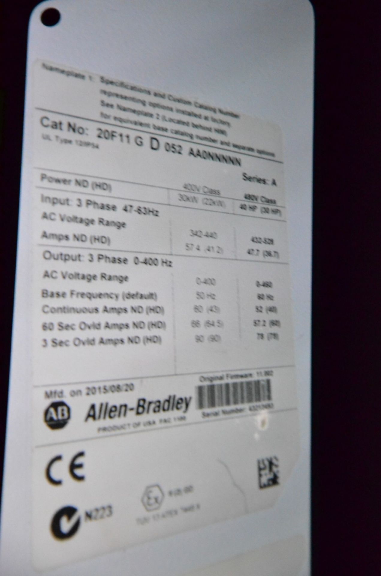 ALLEN BRADLEY (2015) POWERFLEX 753 40 HP VFD S/N 43212492 (CI) [RIGGING FEE FOR LOT #504 - $100 - Image 2 of 2